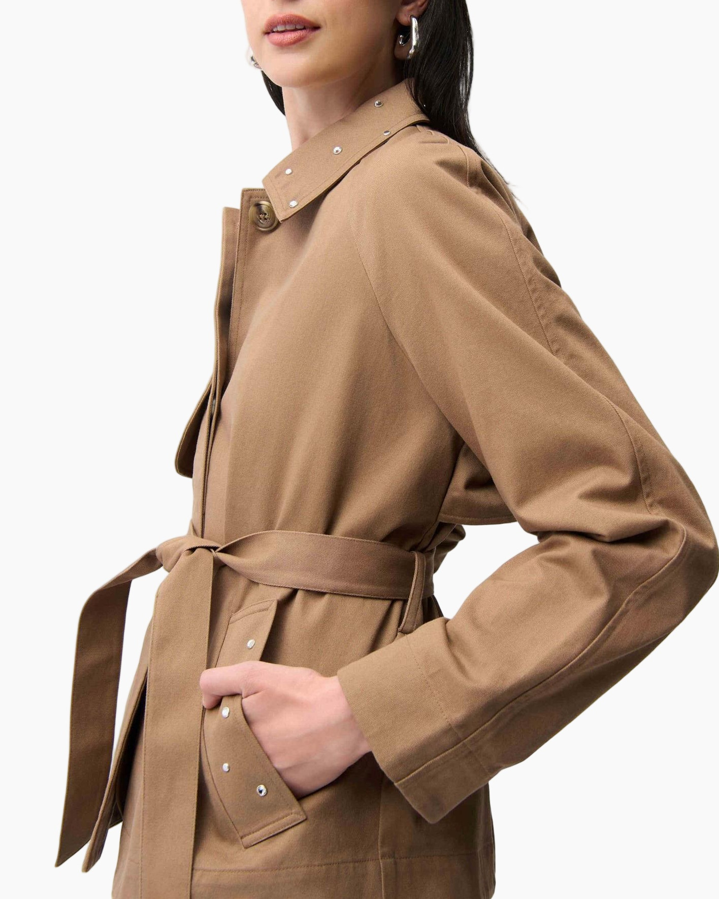 trench, coat, beige, belted, collar studs