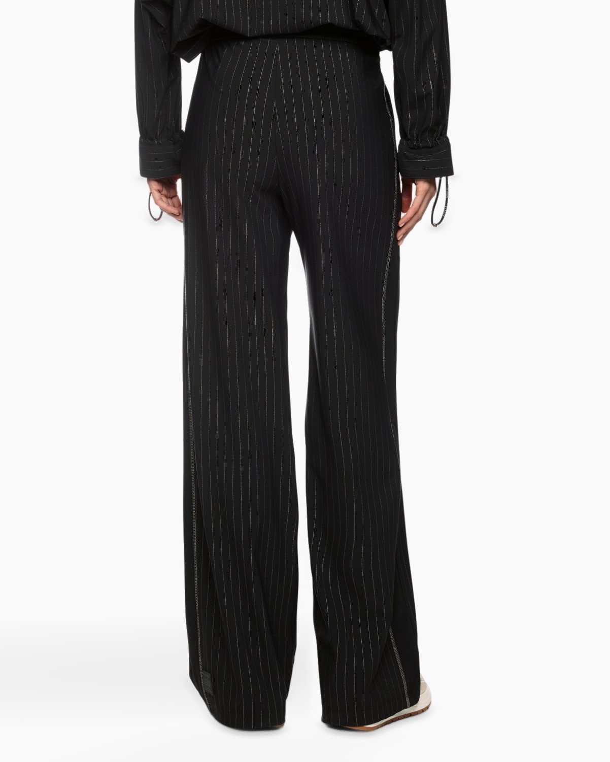 pinstripe, wide-leg, sweatpants, drawstring, black