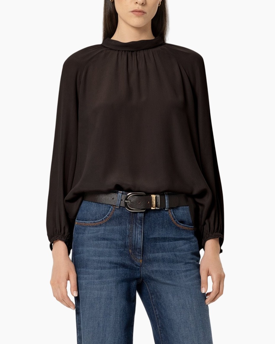 blouse, long sleeves, high neckline, black, satin
