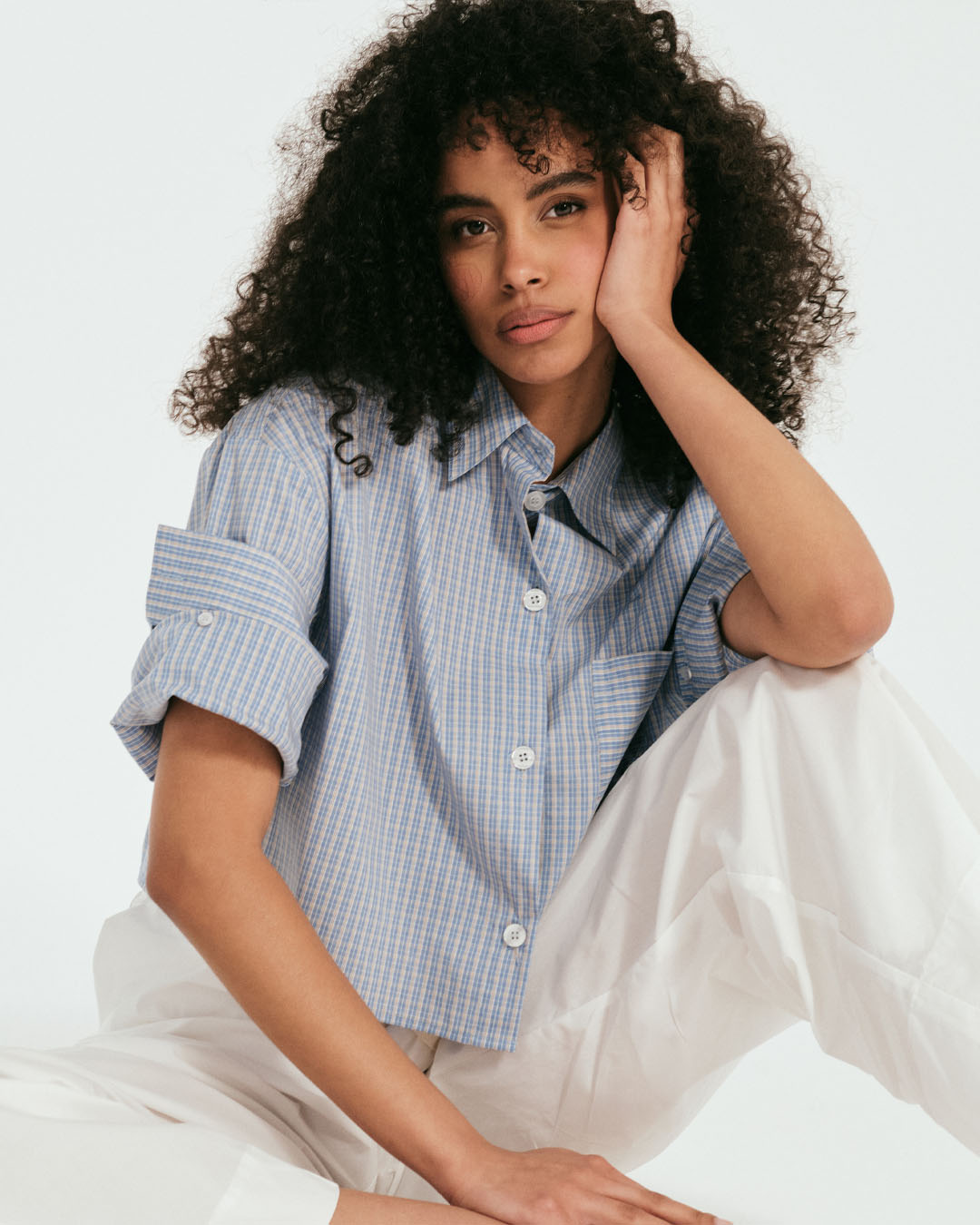 shirt, button-down, checkered, blue, short-sleeve