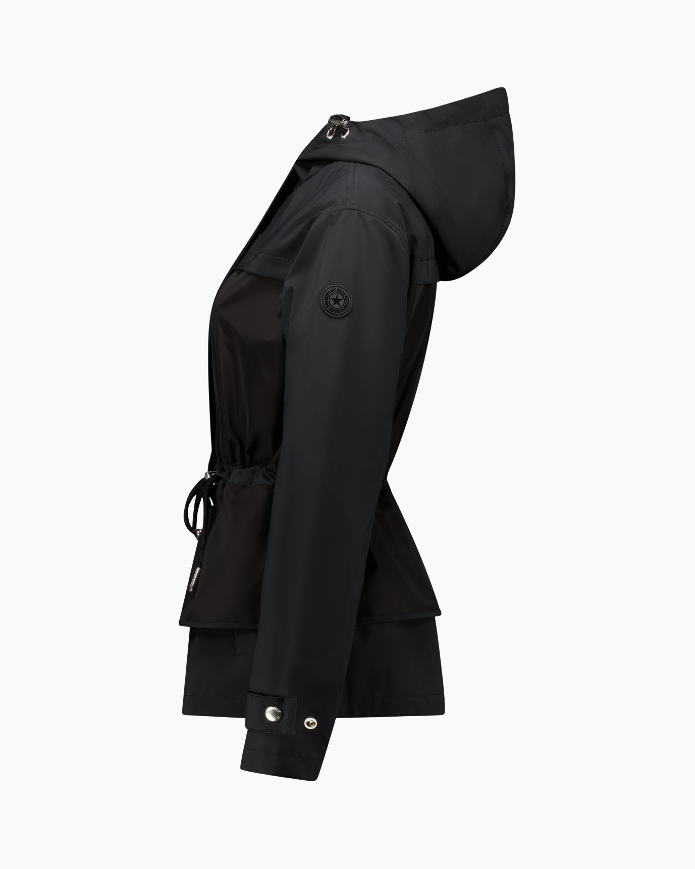 jacket, hooded, black, windbreaker, drawstring
