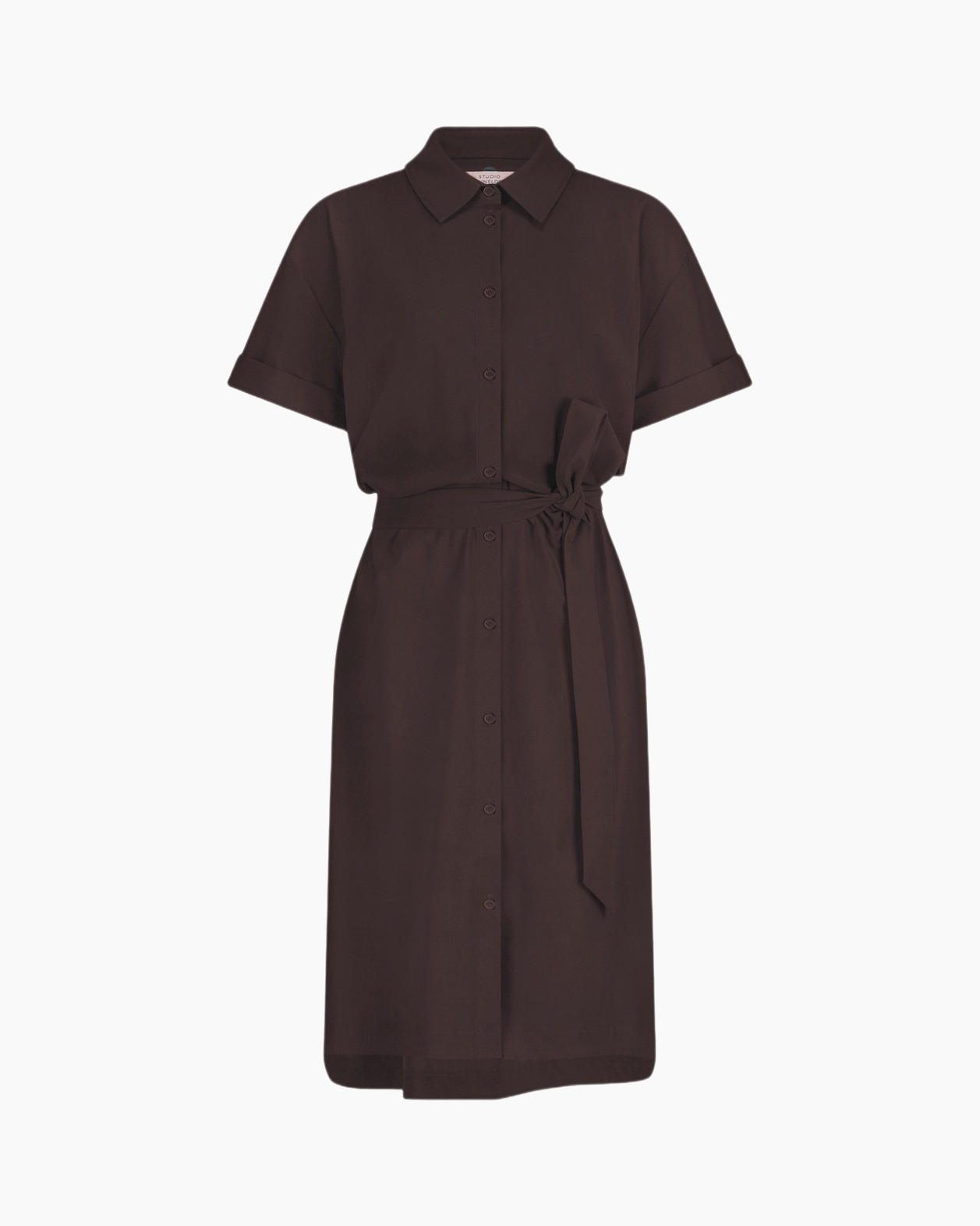 shirt dress, button-down, belted, short sleeves, mid-length