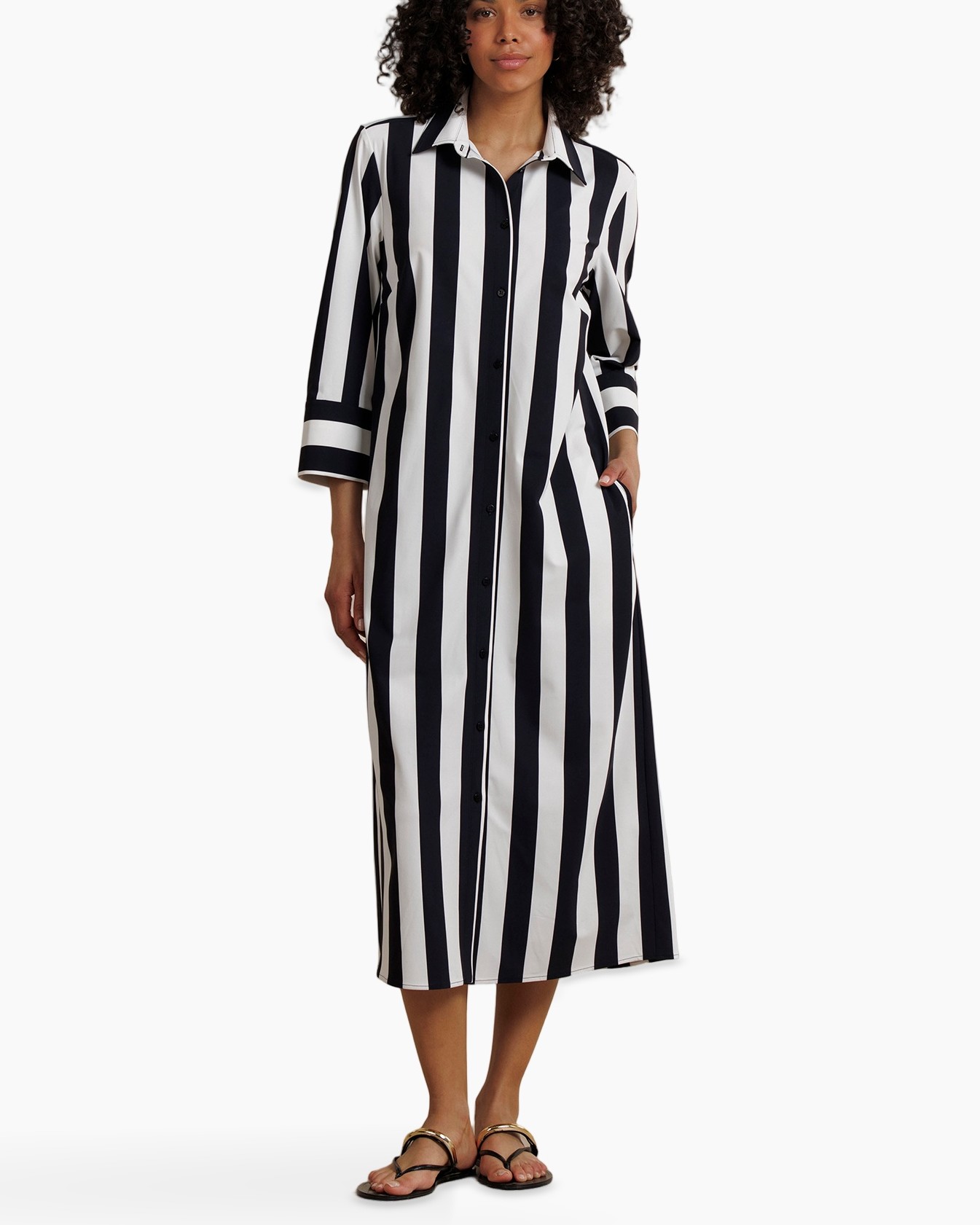 striped dress, long dress, button-front, black white, casual