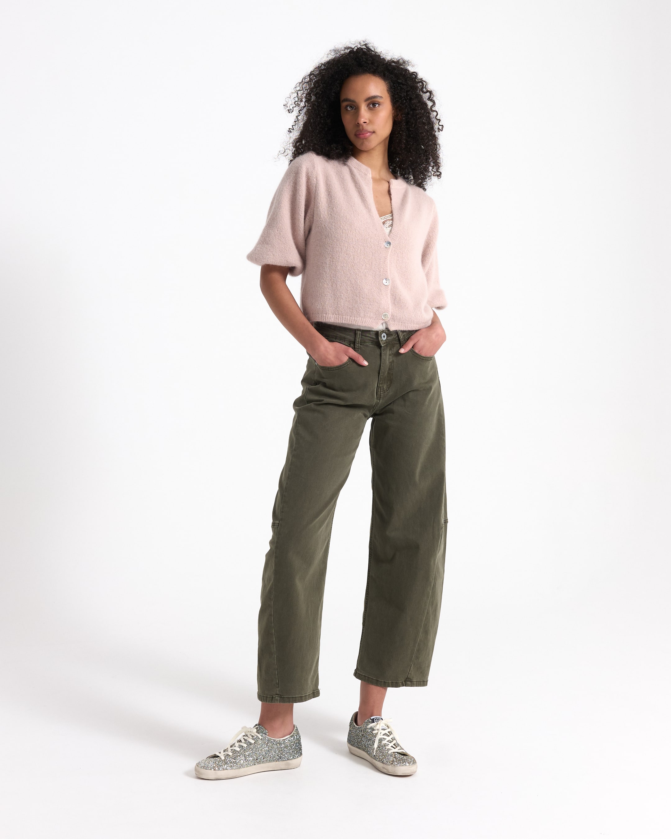 top, cute cardigan, pink cardigan, short sleeves, olive pants