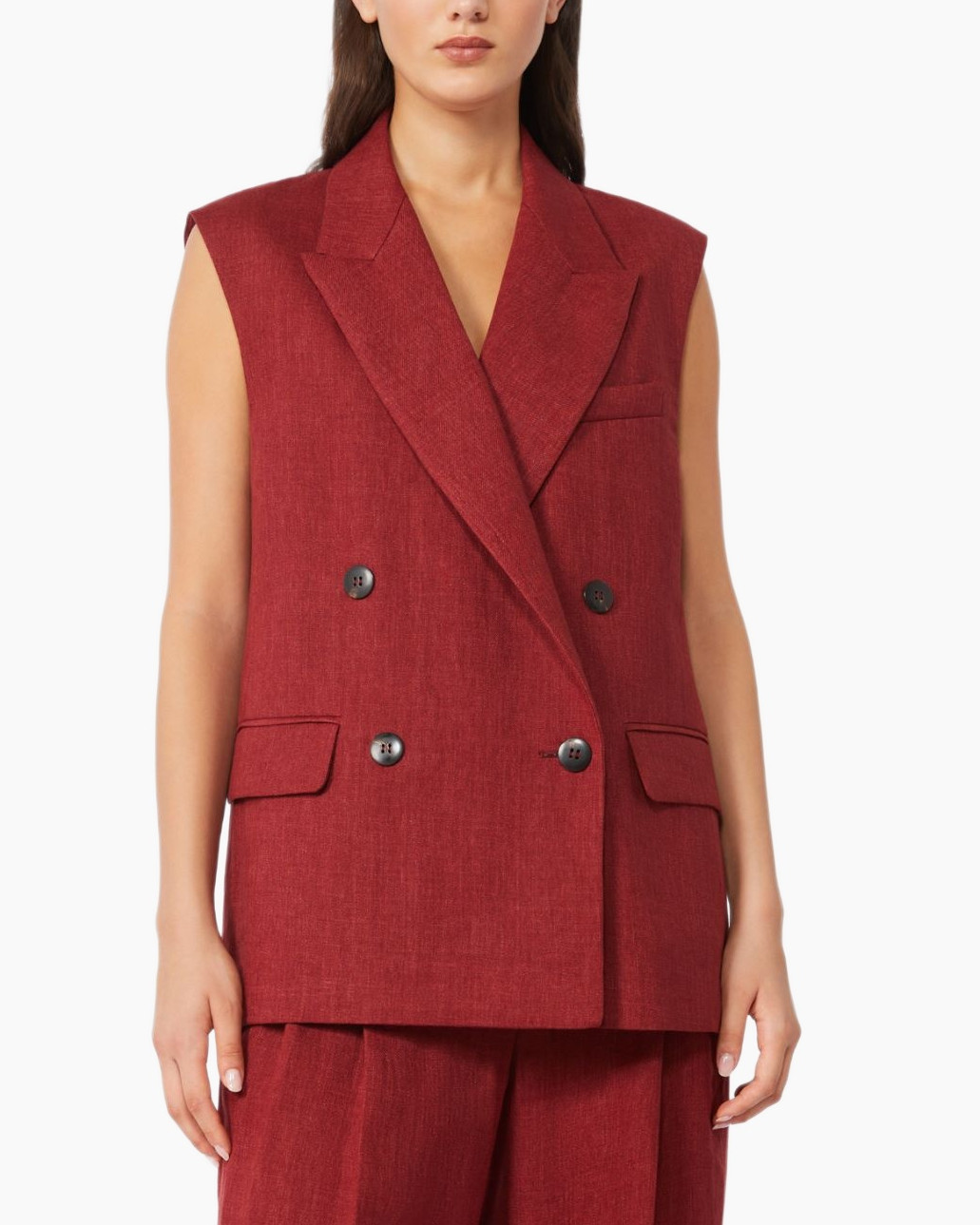 vest, double-breasted, sleeveless, red, linen-like fabric