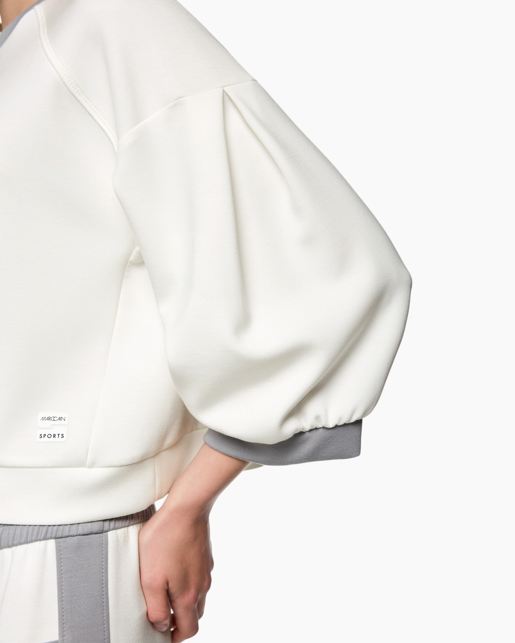white, puff sleeve, sweatshirt, shorts, casual