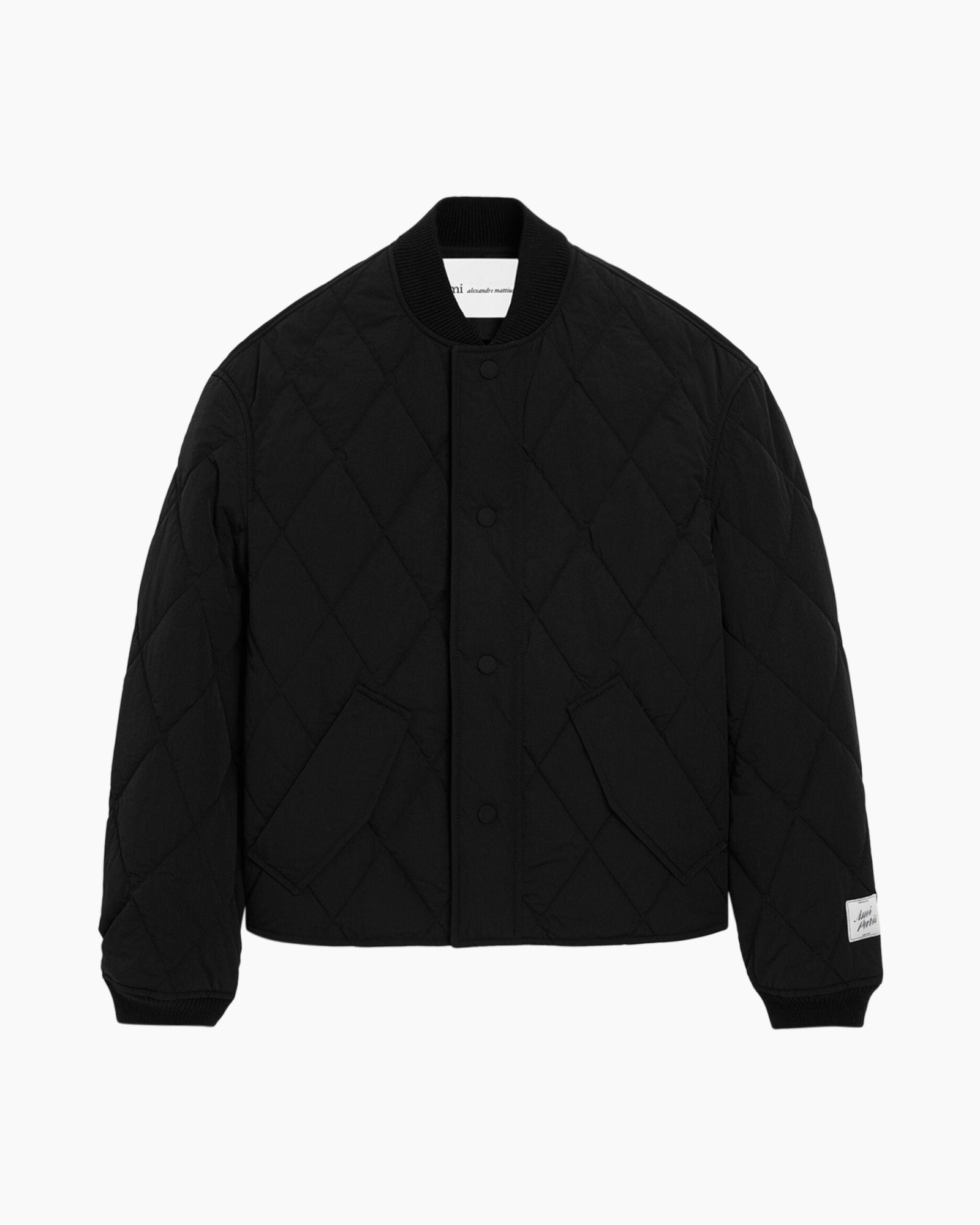 quilted jacket, black, knit cuffs, snap closure, patch pockets