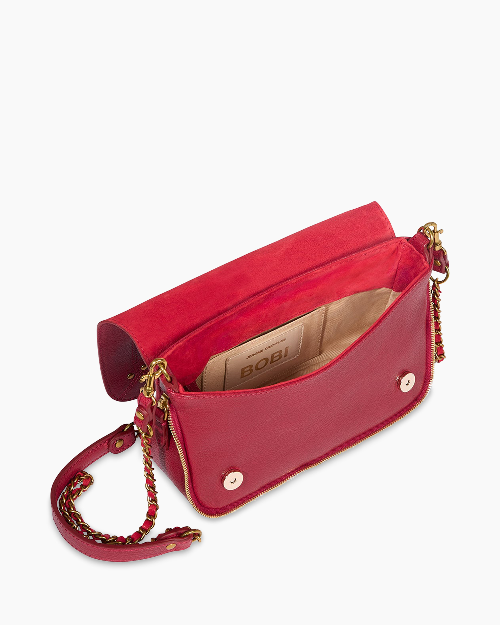 crossbody, red, bag, chain strap, zipper