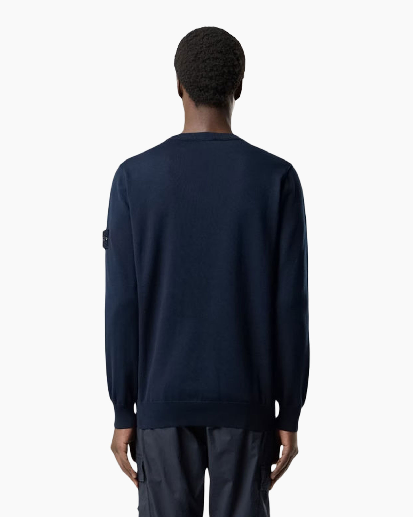 navy sweater, crewneck, long sleeve, back view, soft knit