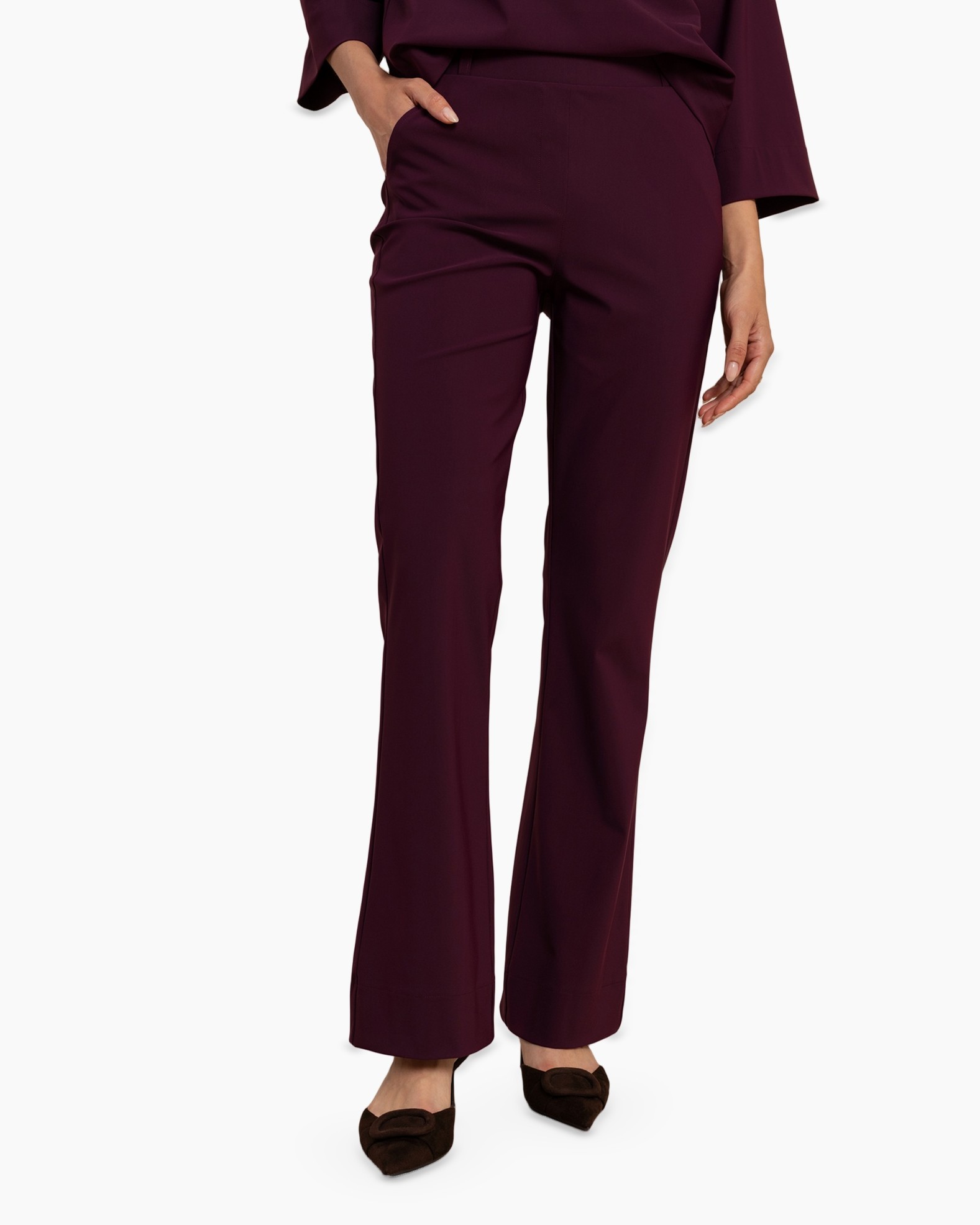 pants, trousers, burgundy, wide-leg, flat shoes