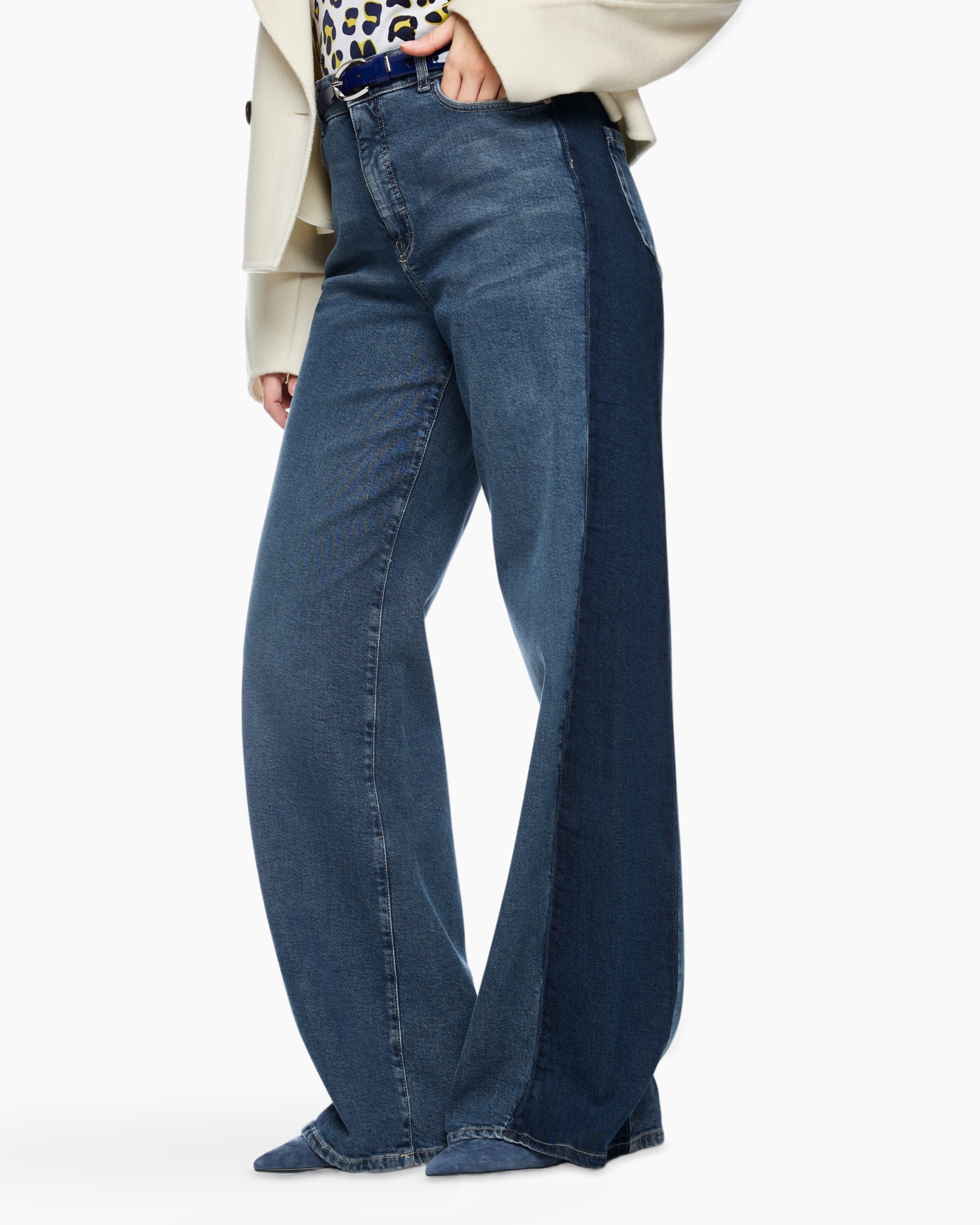 wide-leg, denim, jeans, two-tone, flared