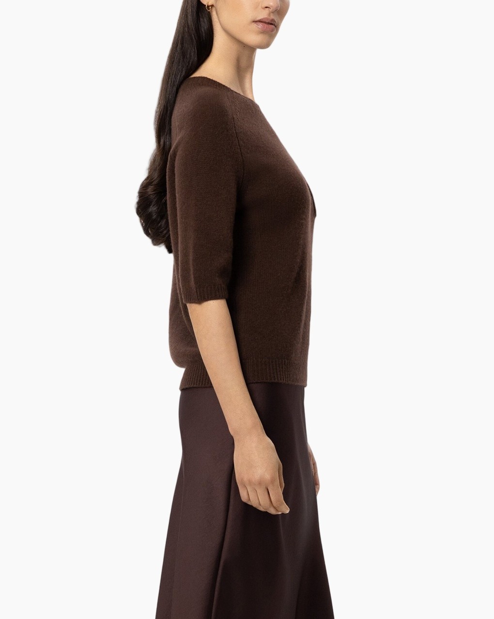 brown sweater, knit top, half sleeves, women, knitted fabric