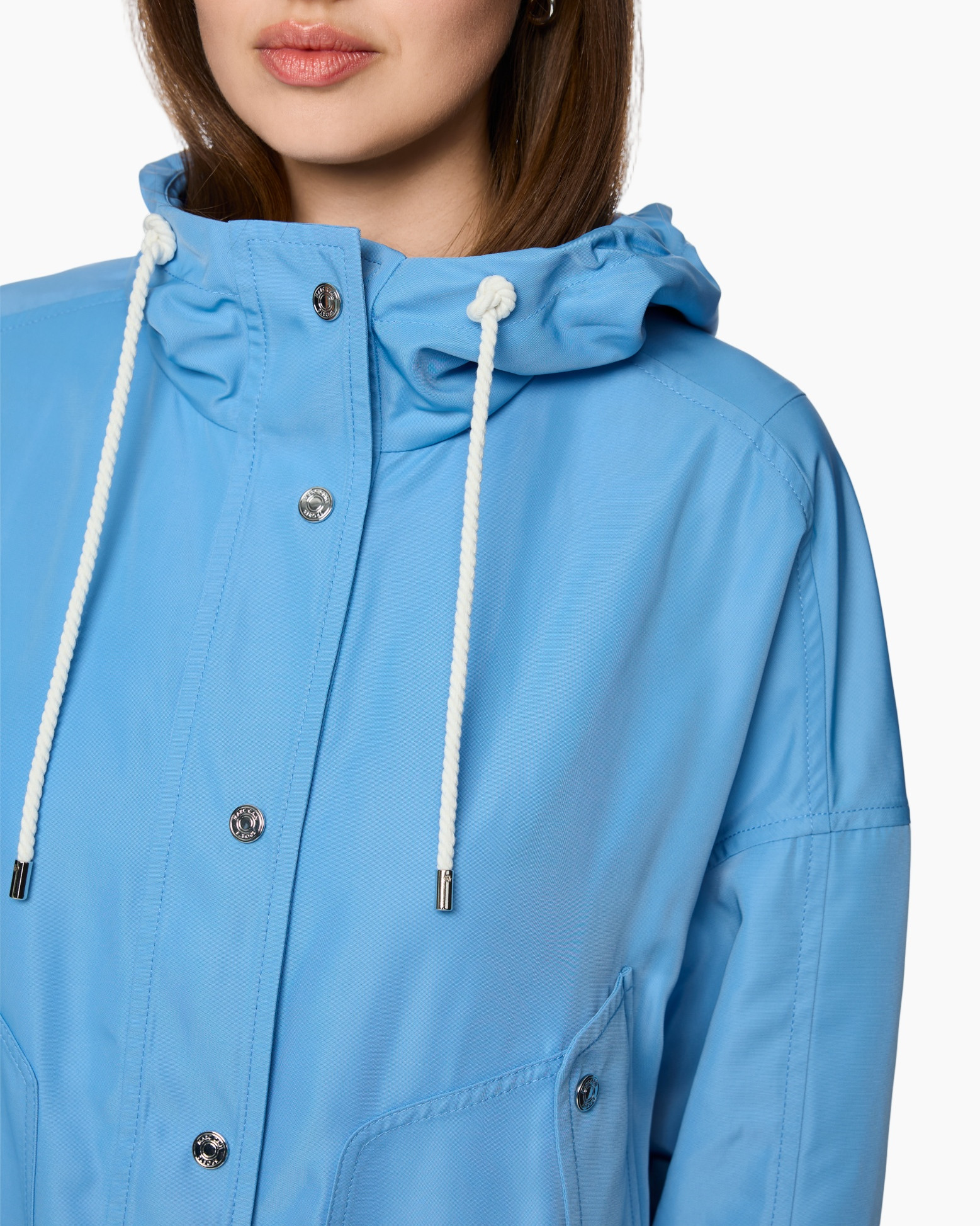 hooded, drawstring, light blue, buttoned, coat