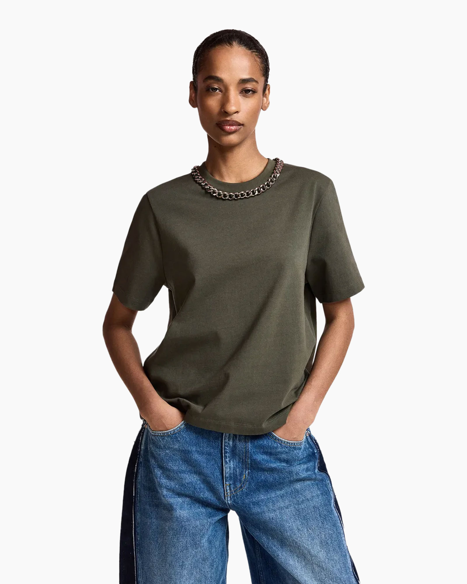 t-shirt, short-sleeve, olive, crew-neck, chain-necklace