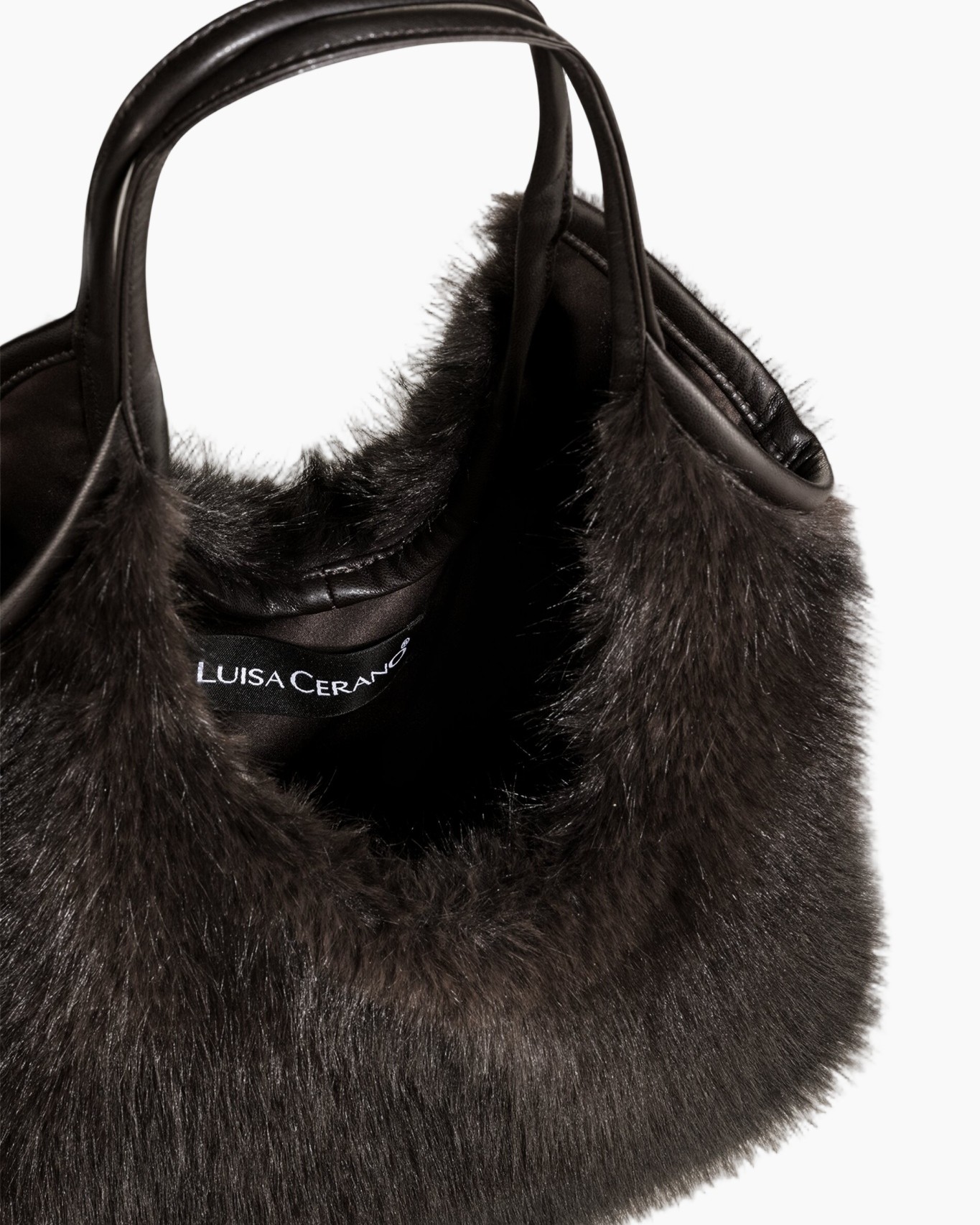 handbag, fur, black, trim, brand tag