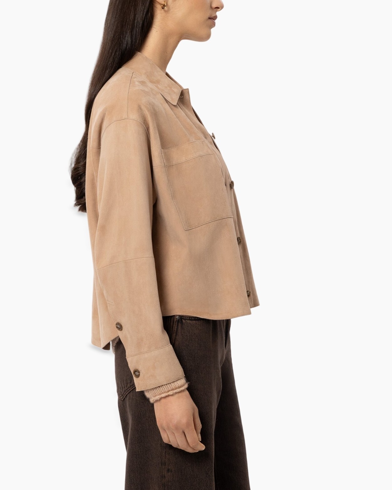 suede jacket, beige, long sleeve, button front, shirt jacket