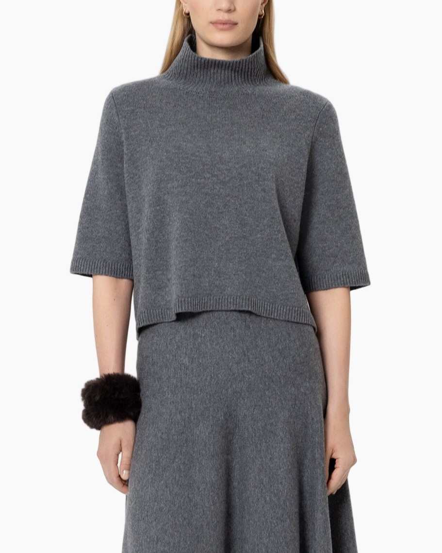 turtleneck, knit sweater, gray, short sleeve, cropped top
