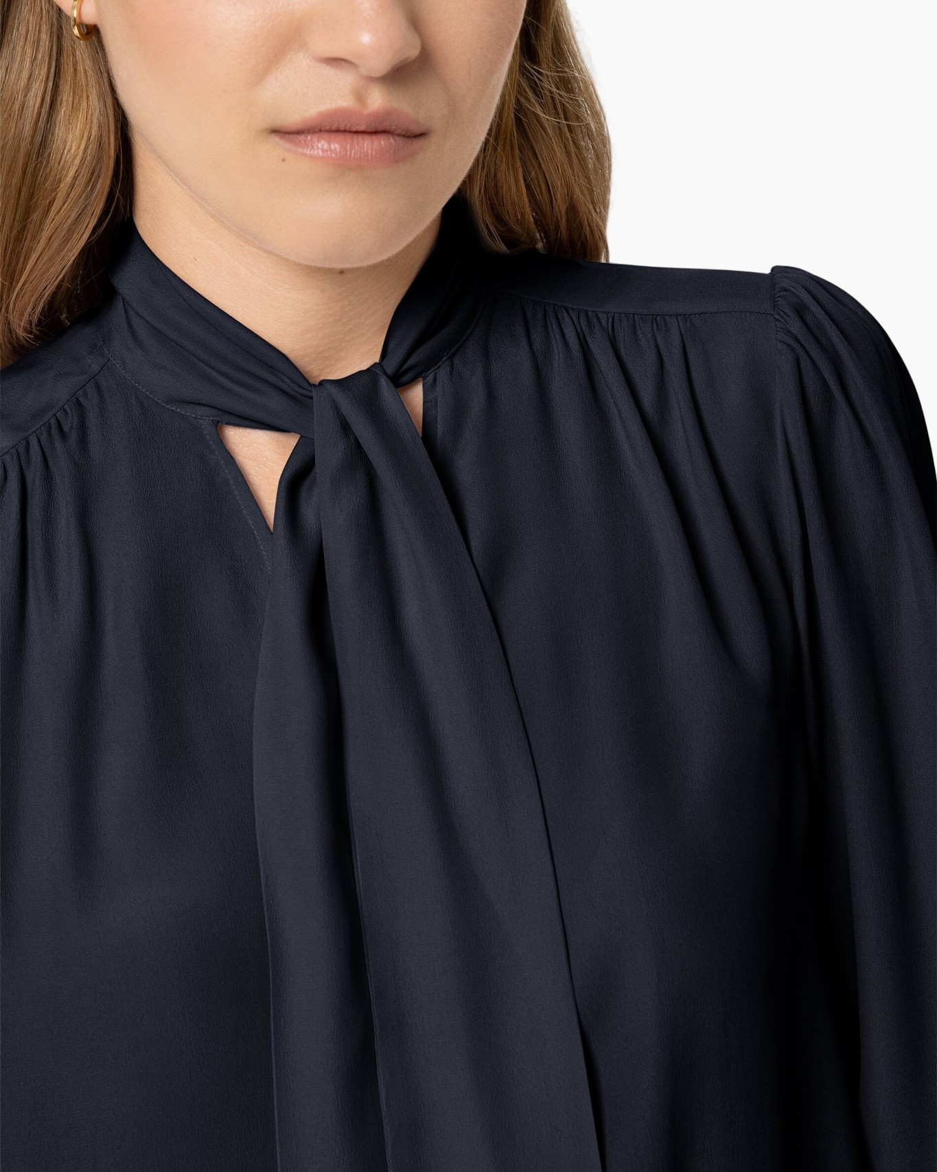 blouse, tie-neck, dark-blue, long-sleeve, fabric