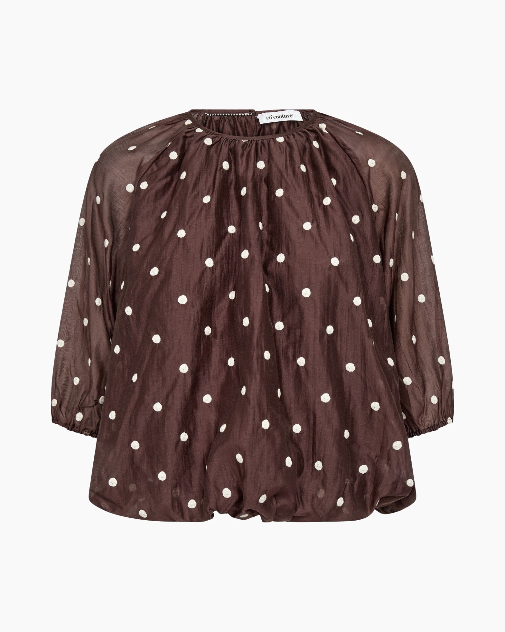 polka dot, blouse, brown, sheer, long sleeves