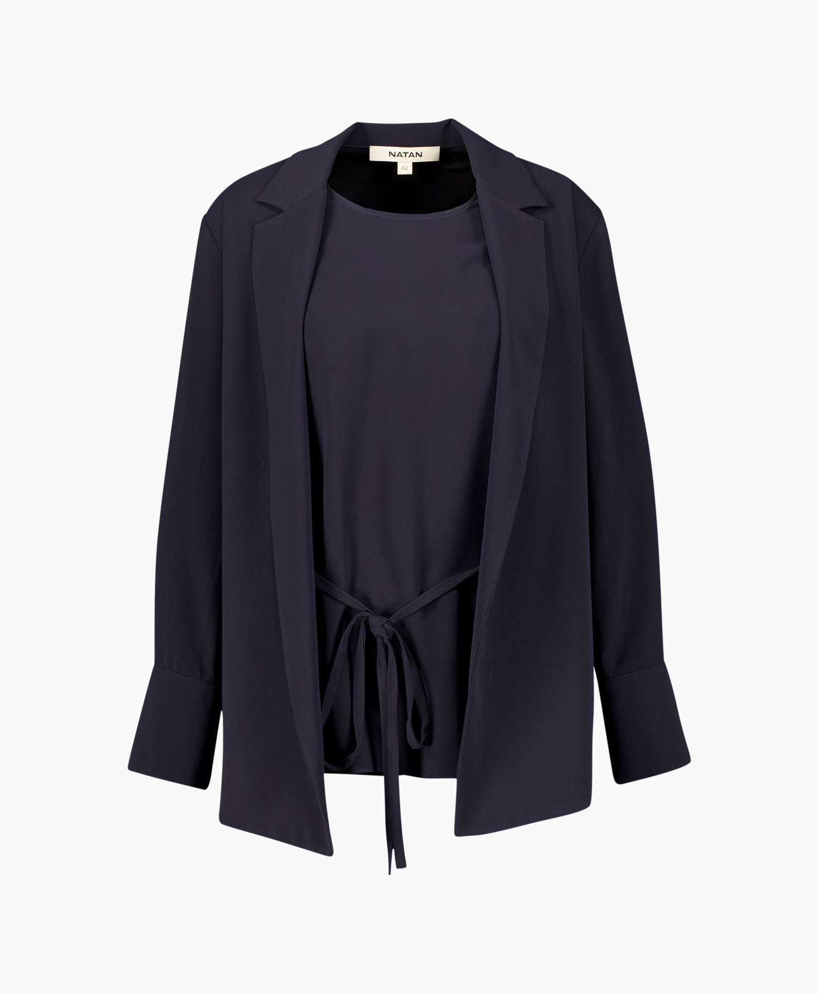 blazer, cardigan, open-front, tie-waist, navy