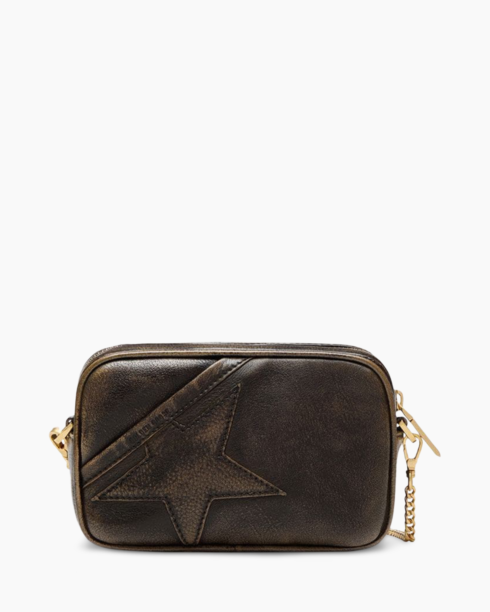 crossbody bag, stars design, brown leather, zippers, small size