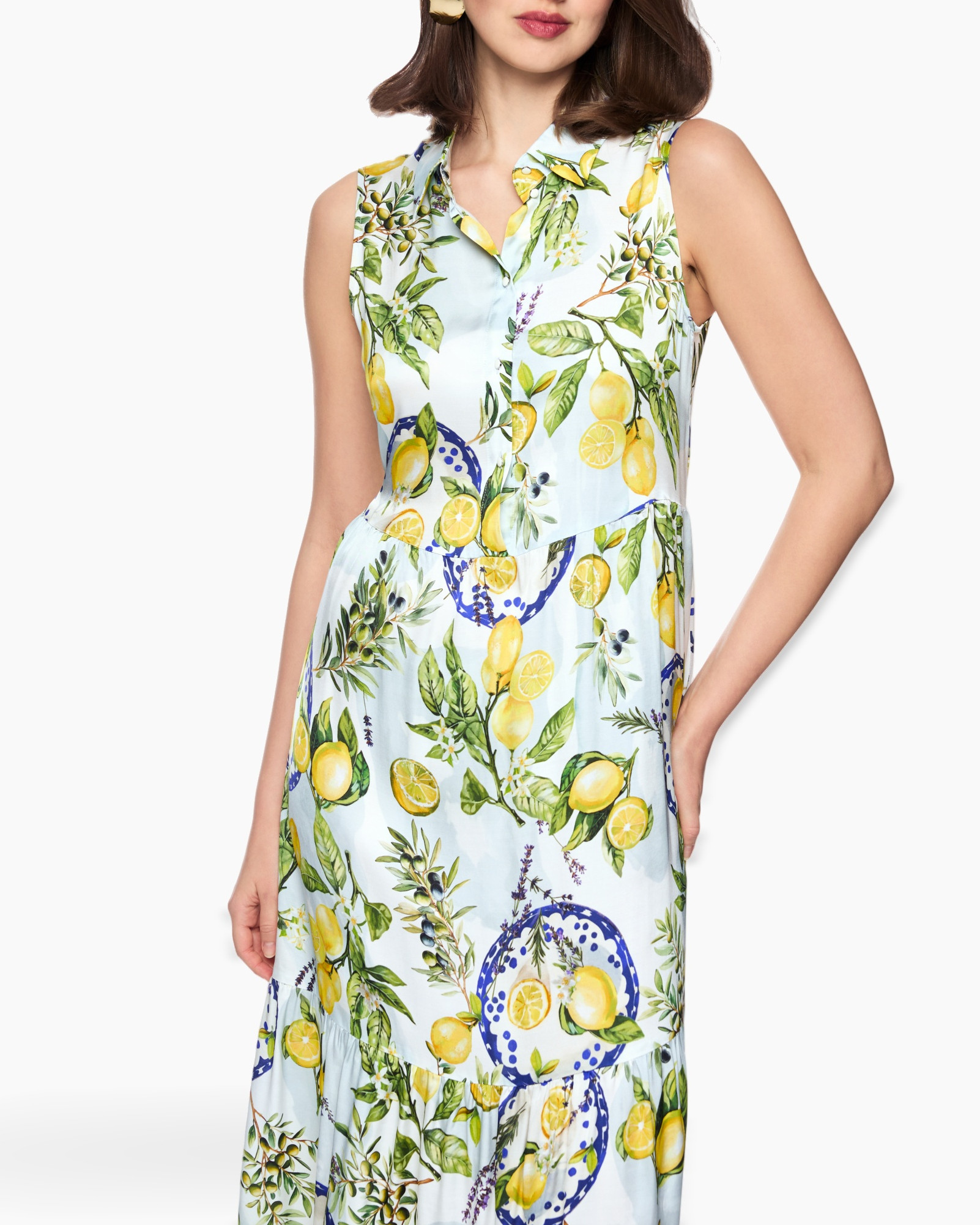 dress, sleeveless, lemon print, floral pattern, light blue