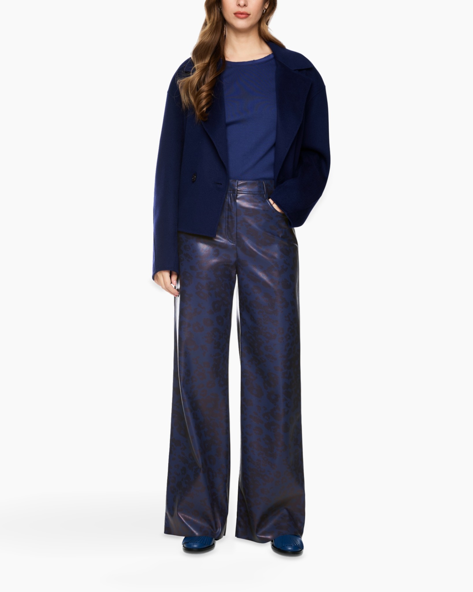 blazer, jacket, wide-leg pants, sleek pants, dark blue