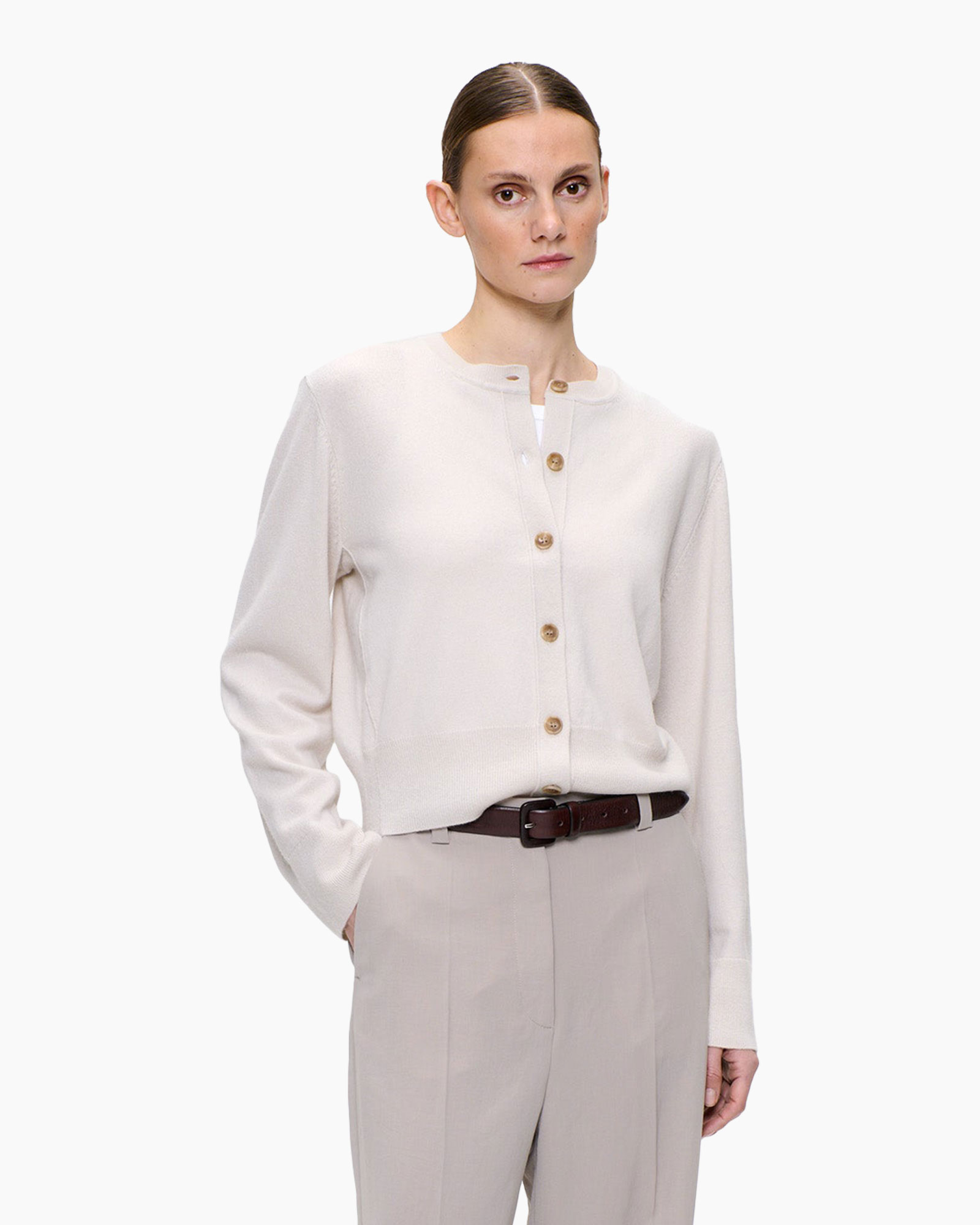 cardigan, button-up, long-sleeve, beige, knitted