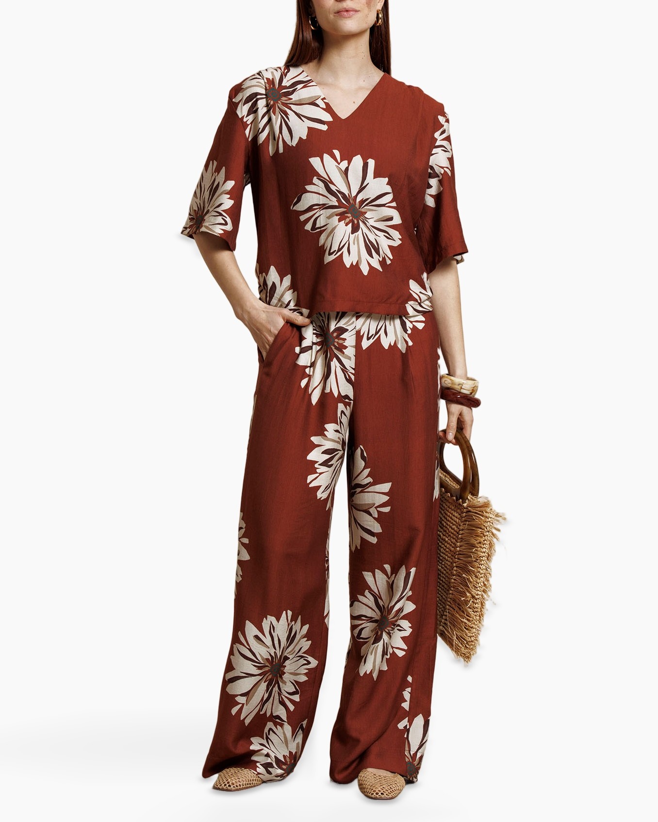 jumper set, floral jumpsuit, rust color, wide leg, camisole? no, short sleeve