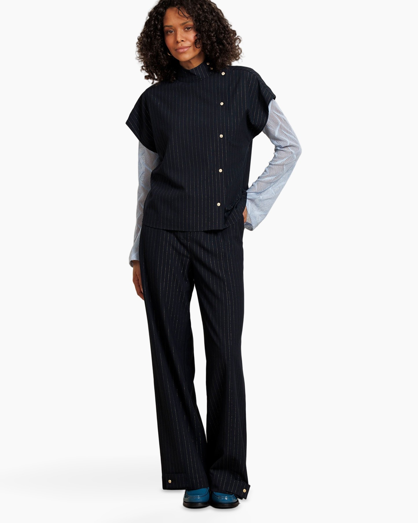 pinstripe, two-tone, pant suit, crew neck, button-down