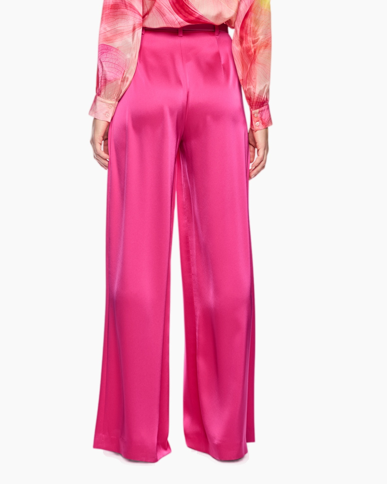 pink, wide-leg, pants, silk, belted
