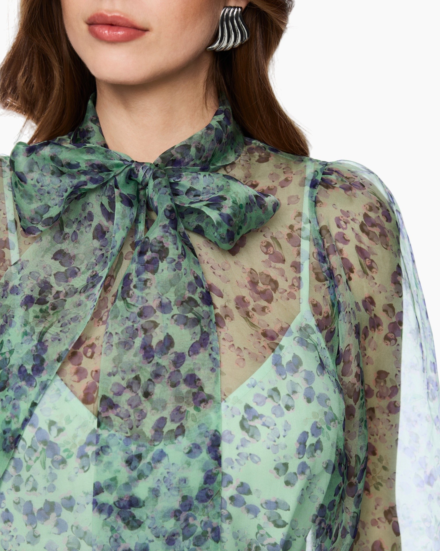 blouse, sheer, paisley, green, ruffled bow