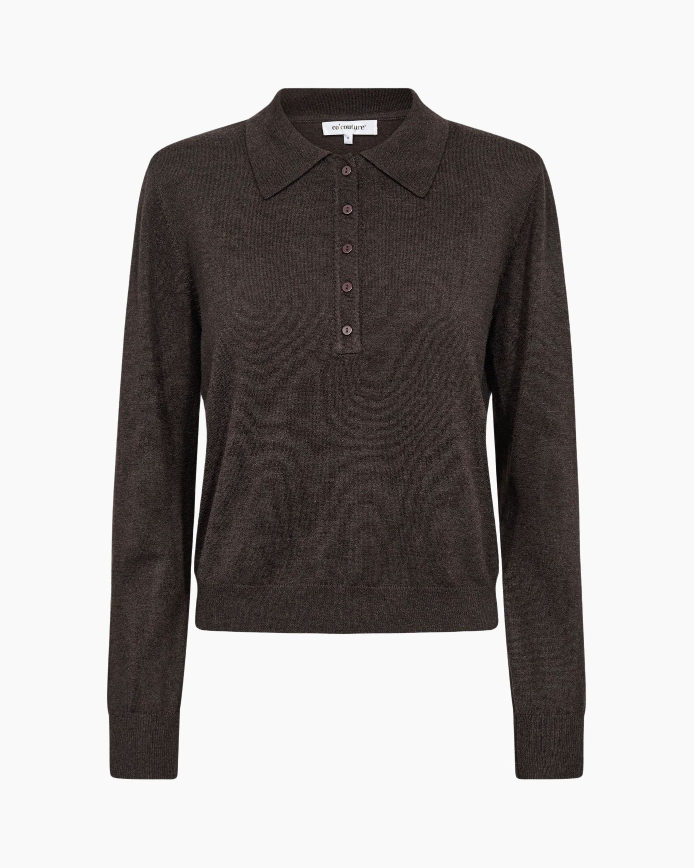 polo shirt, long sleeve, button placket, collared top, dark brown
