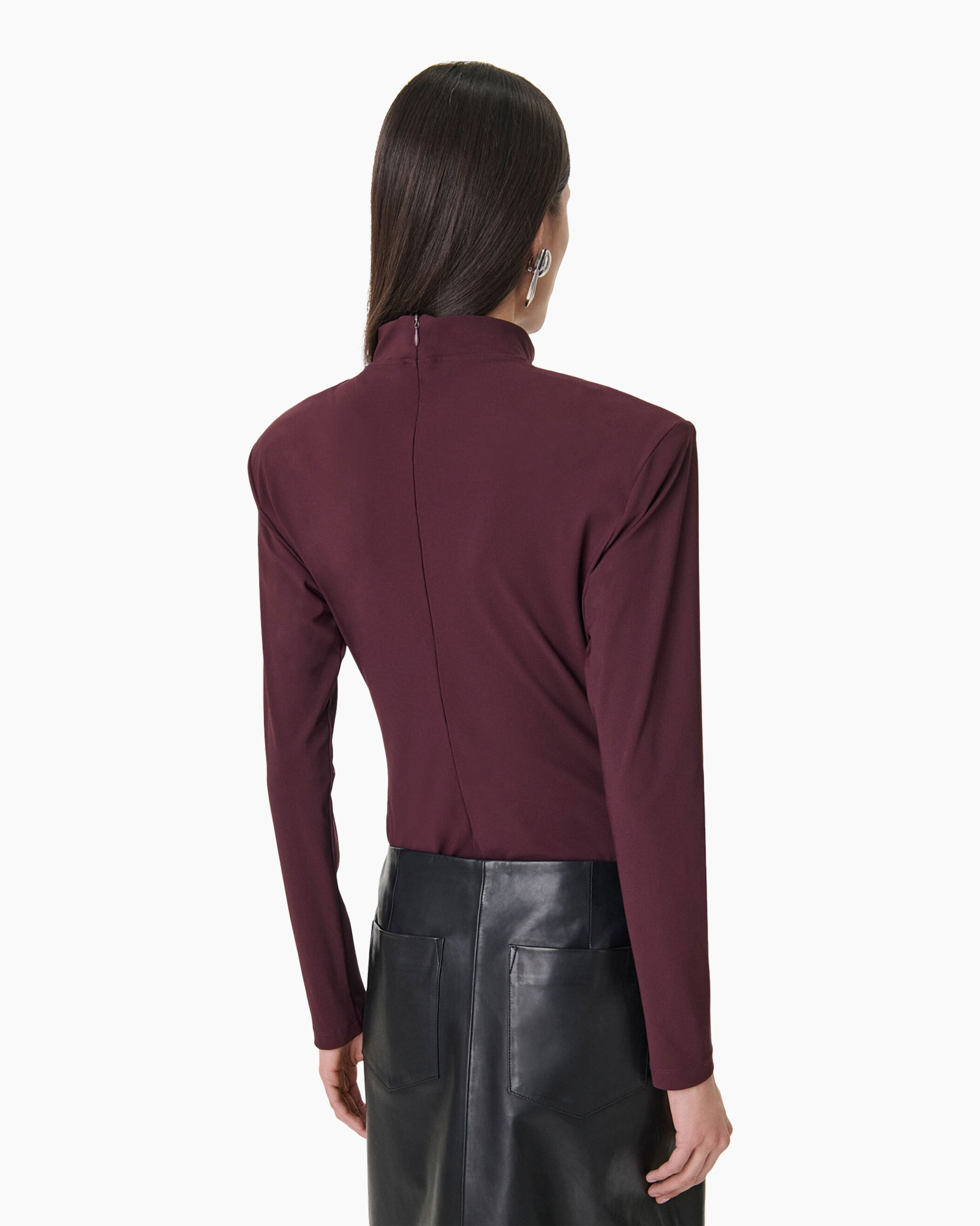 top, long-sleeve, burgundy, mock-neck, back view