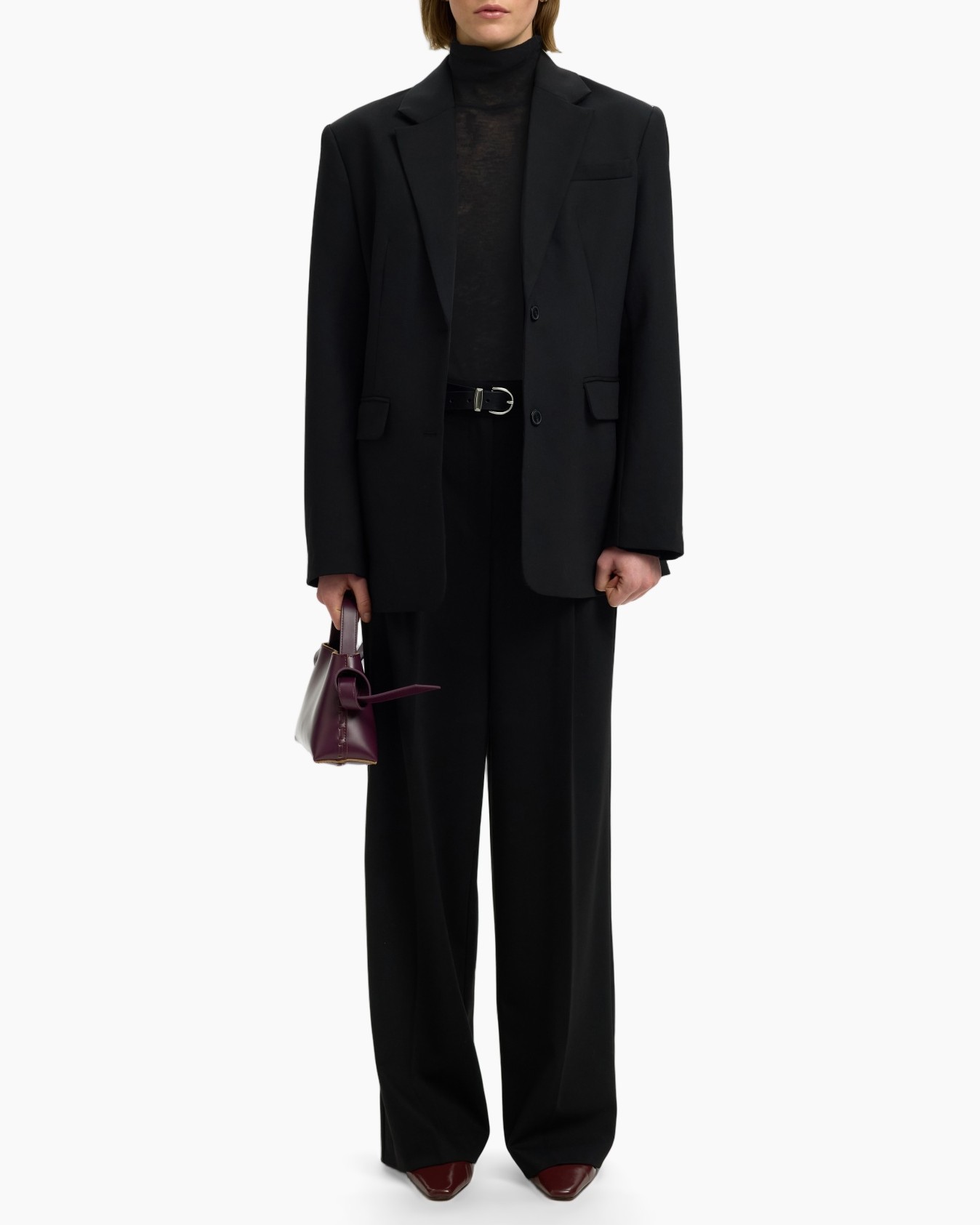 blazer, suit, black, turtleneck, trousers