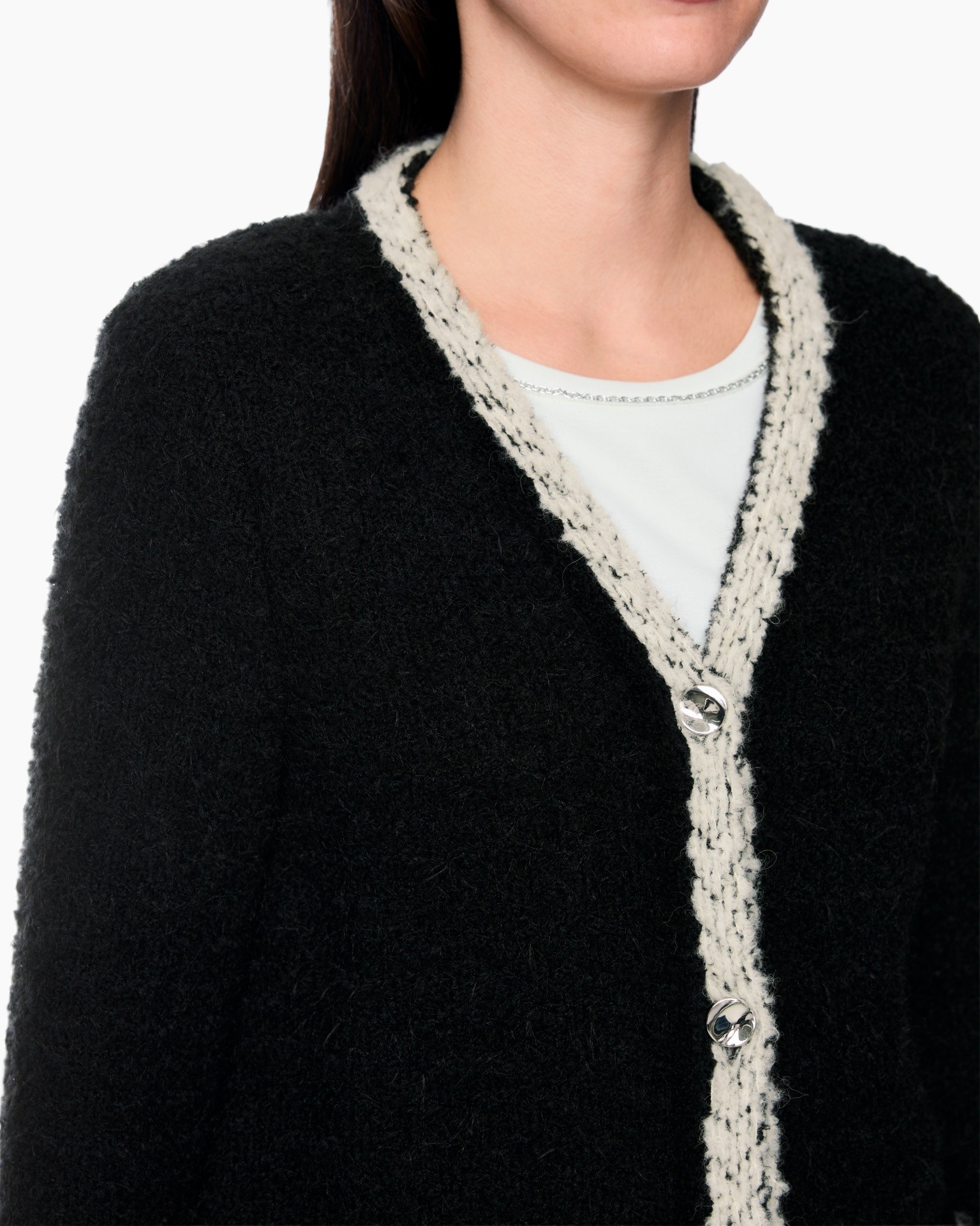 black cardigan, knitted cardigan, contrast trim, button closure, crew neck