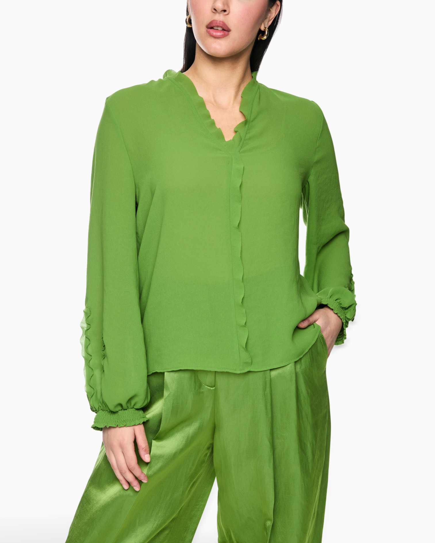 green, blouse, long sleeves, collared, crinkle details