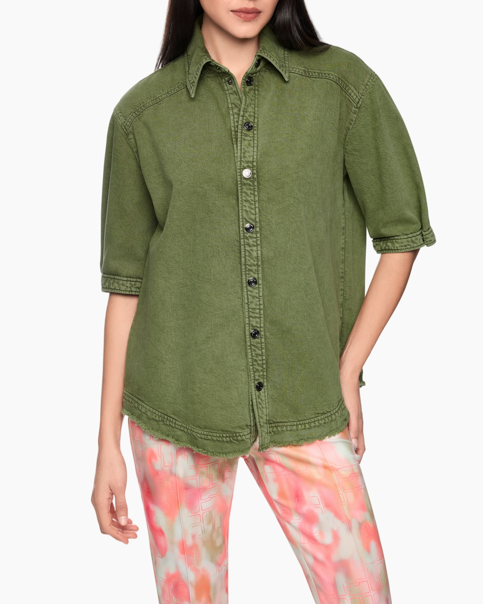 shirt, denim, button-down, olive, casual