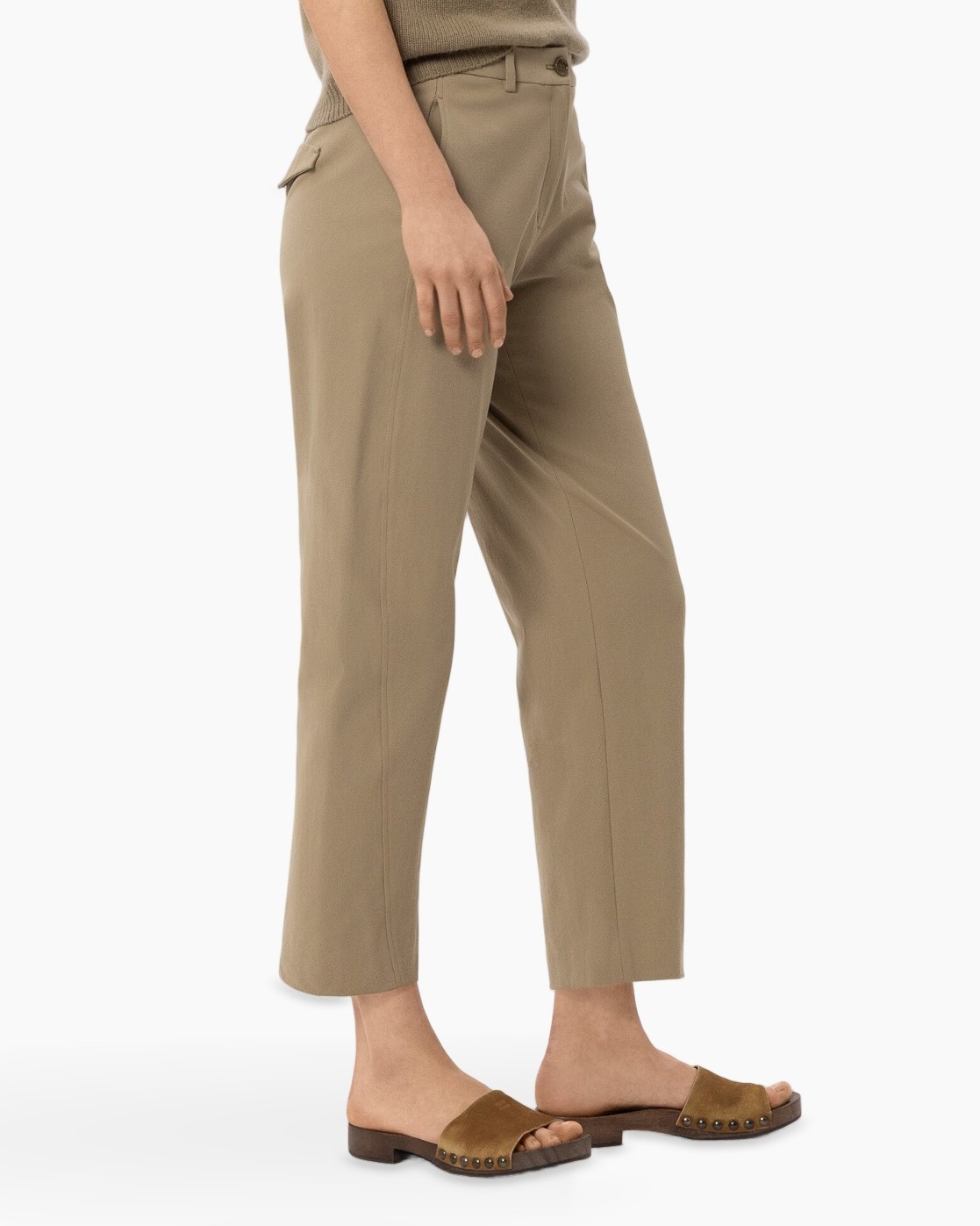 pants, khaki, trousers, straight-leg, mid-rise, khaki pants, tapered, ankle length, pocket flap, slip-on sandals