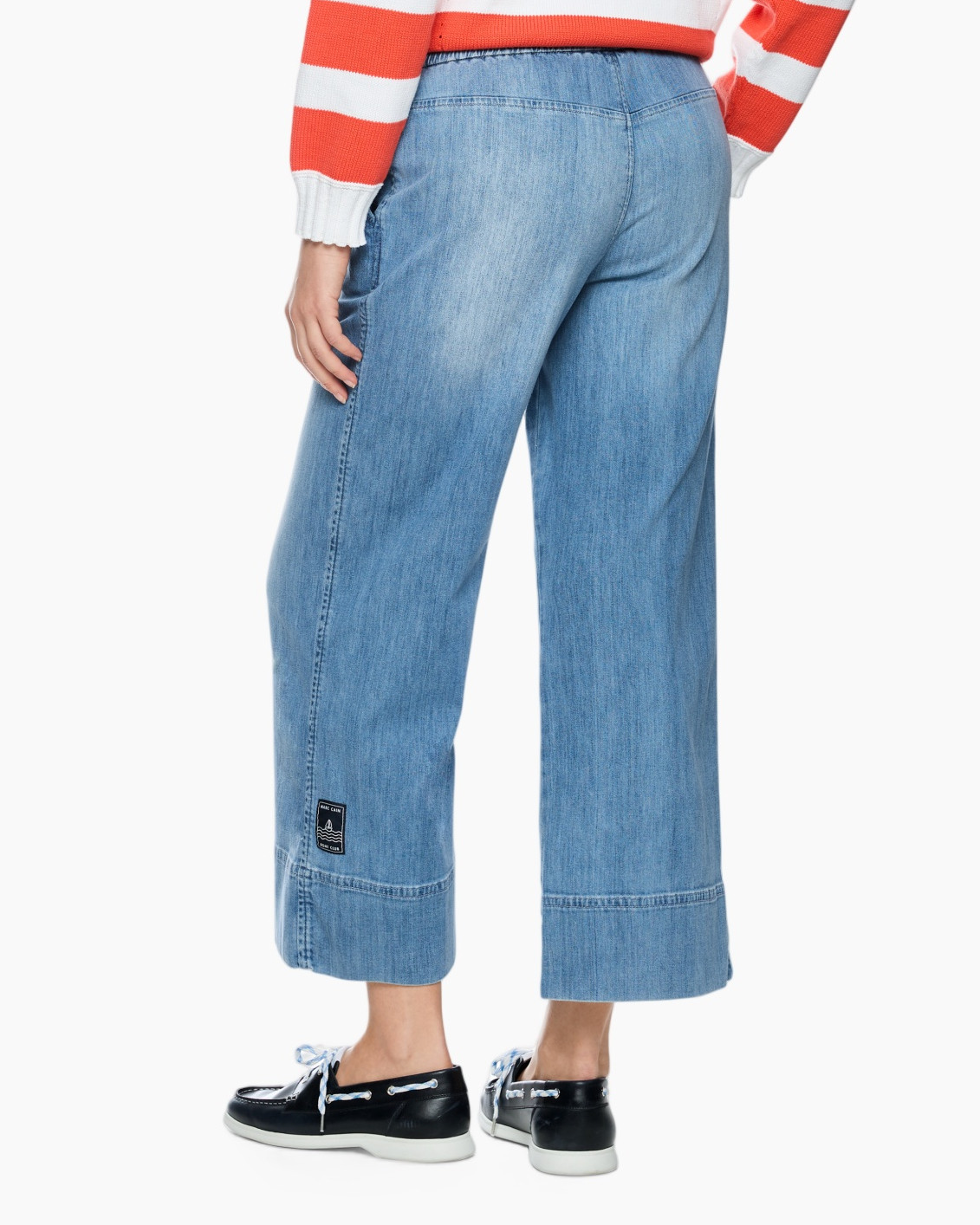 wide-leg jeans, denim, distressed look, mid-rise, ankle length