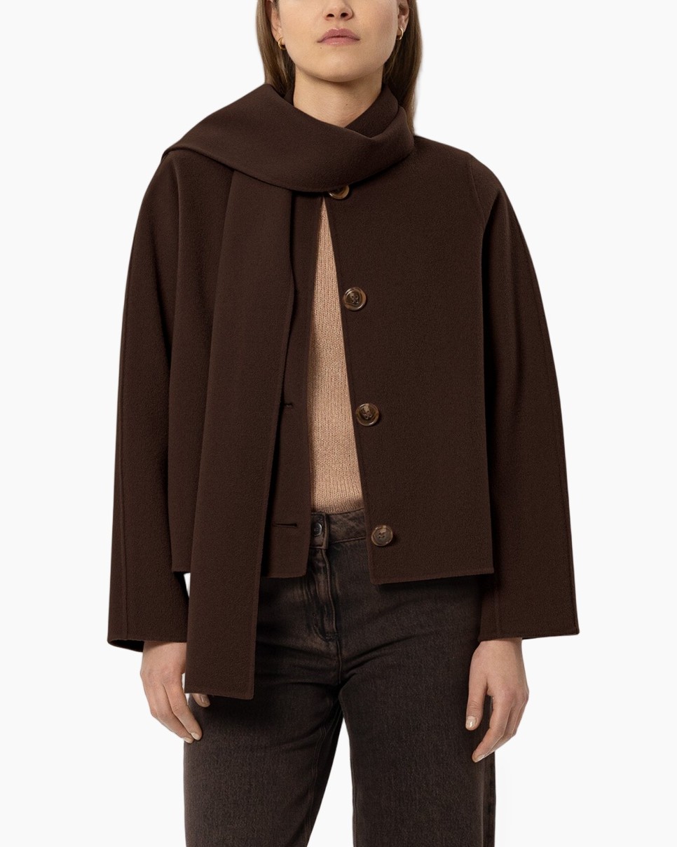 coat, brown, scarf, buttons, cardigan