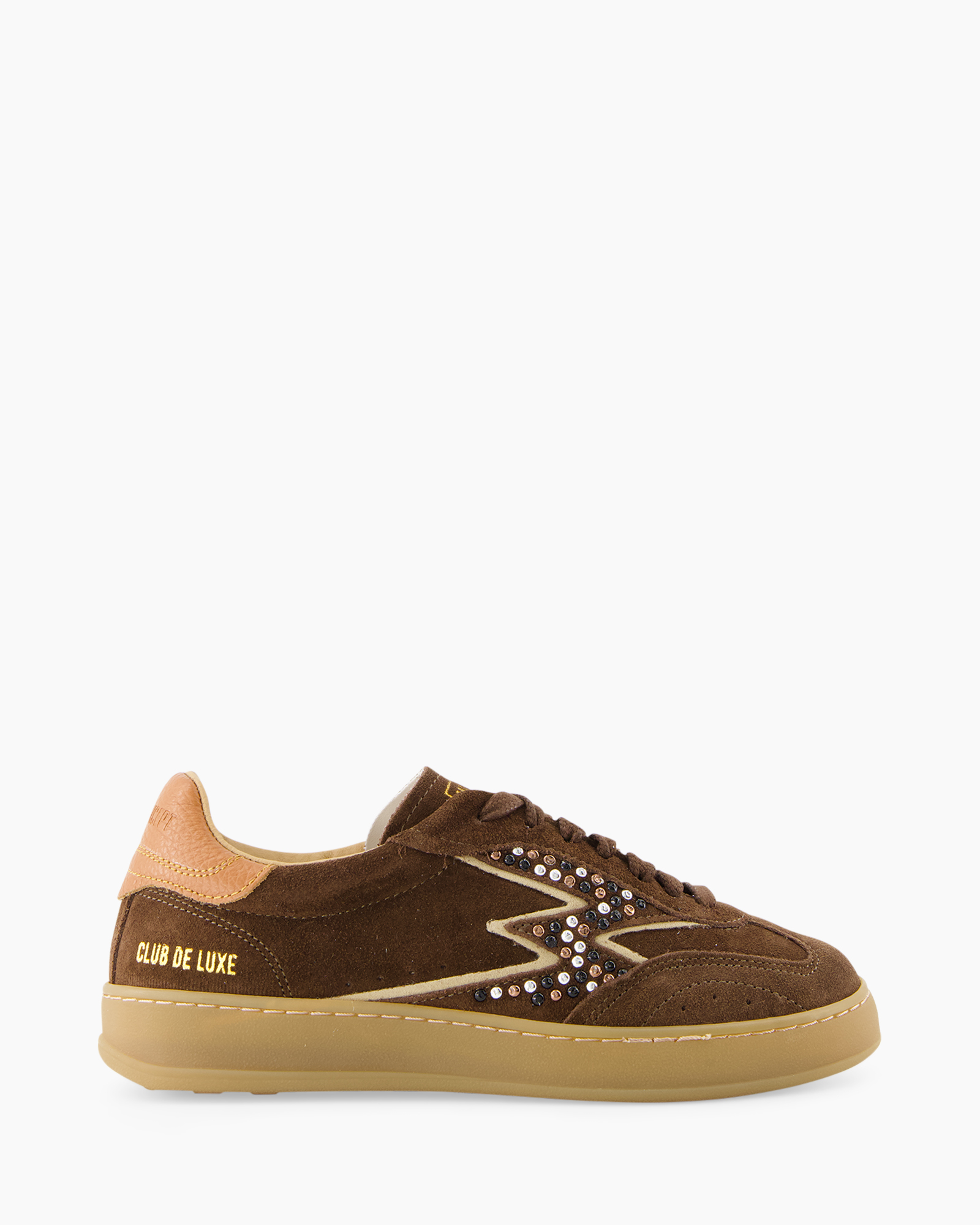 sneaker, brown, suede, low-top, embellished, glitter, studded, gum sole, sport, casual
