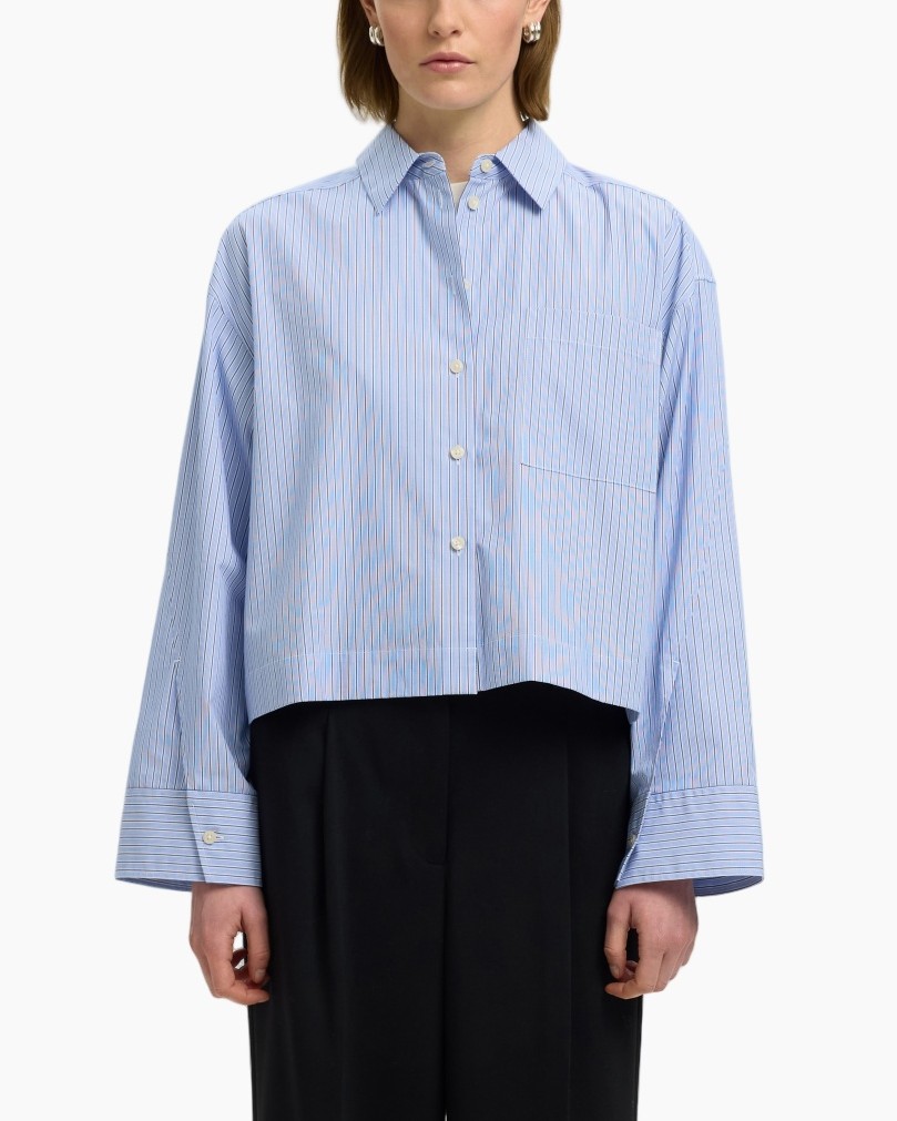 striped shirt, blue shirt, button-down, oversized sleeves, collared shirt