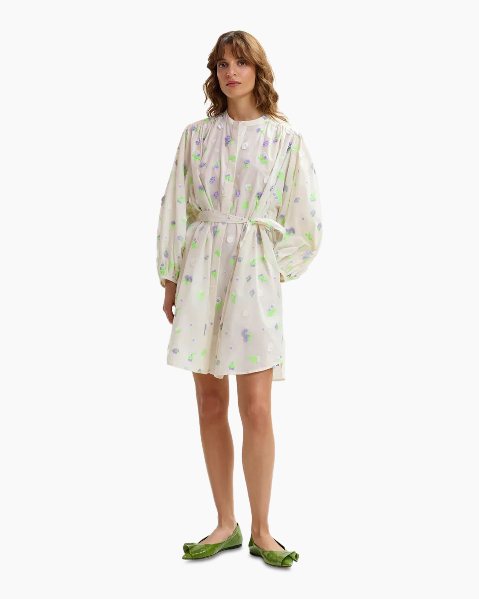 dress, long-sleeve, wrap, belted, floral-pattern