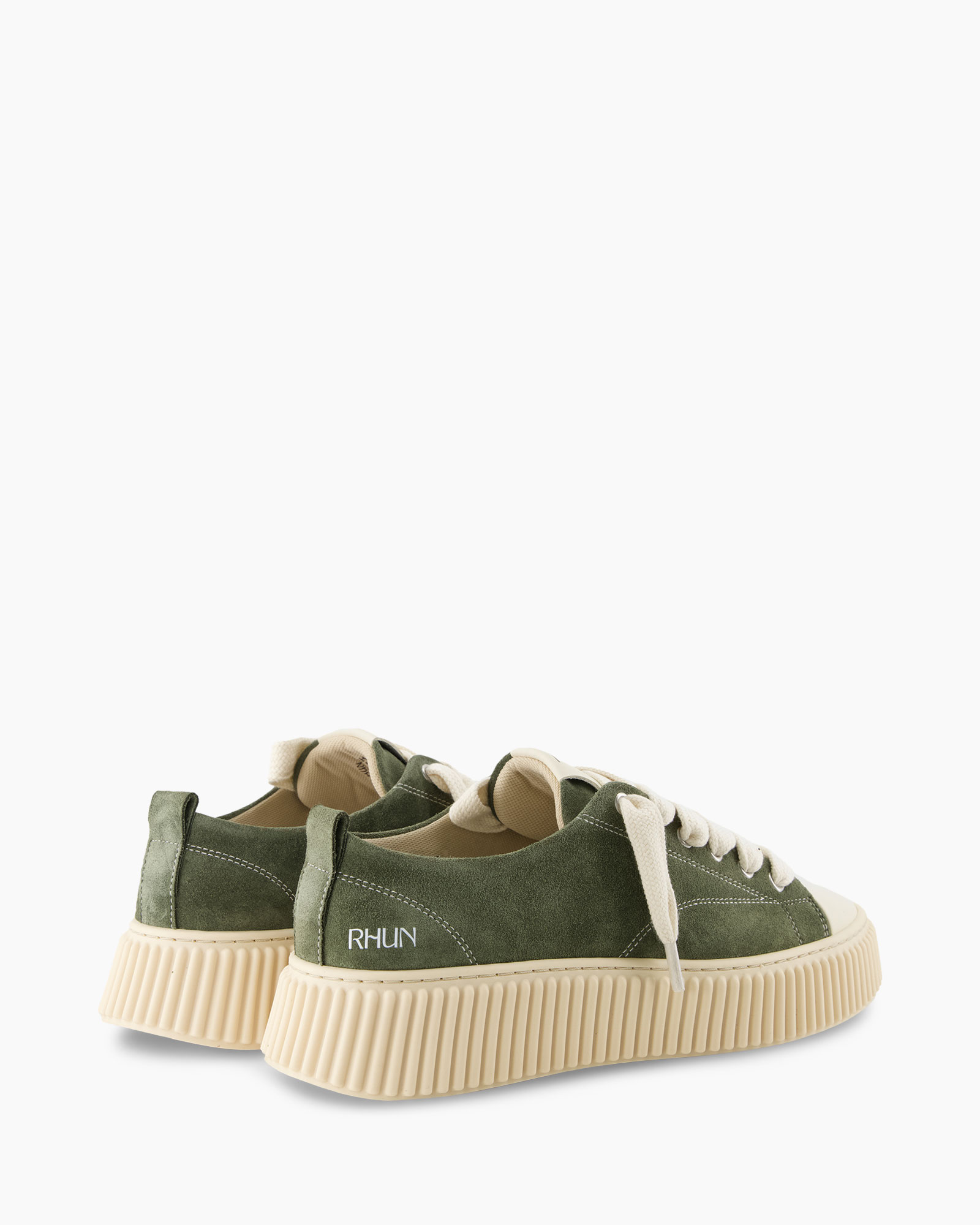 green sneakers, suede, low-cut, laces, platform sole