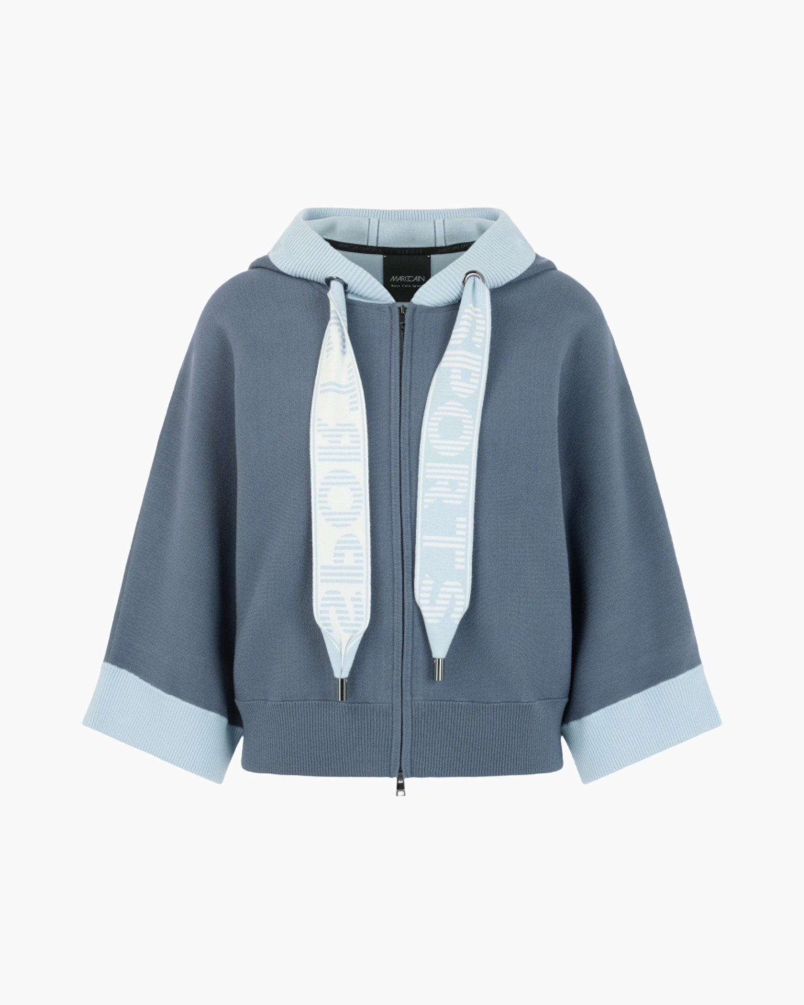 hoodie, zipper, drawstrings, blue, ajar-sleeve-cuff