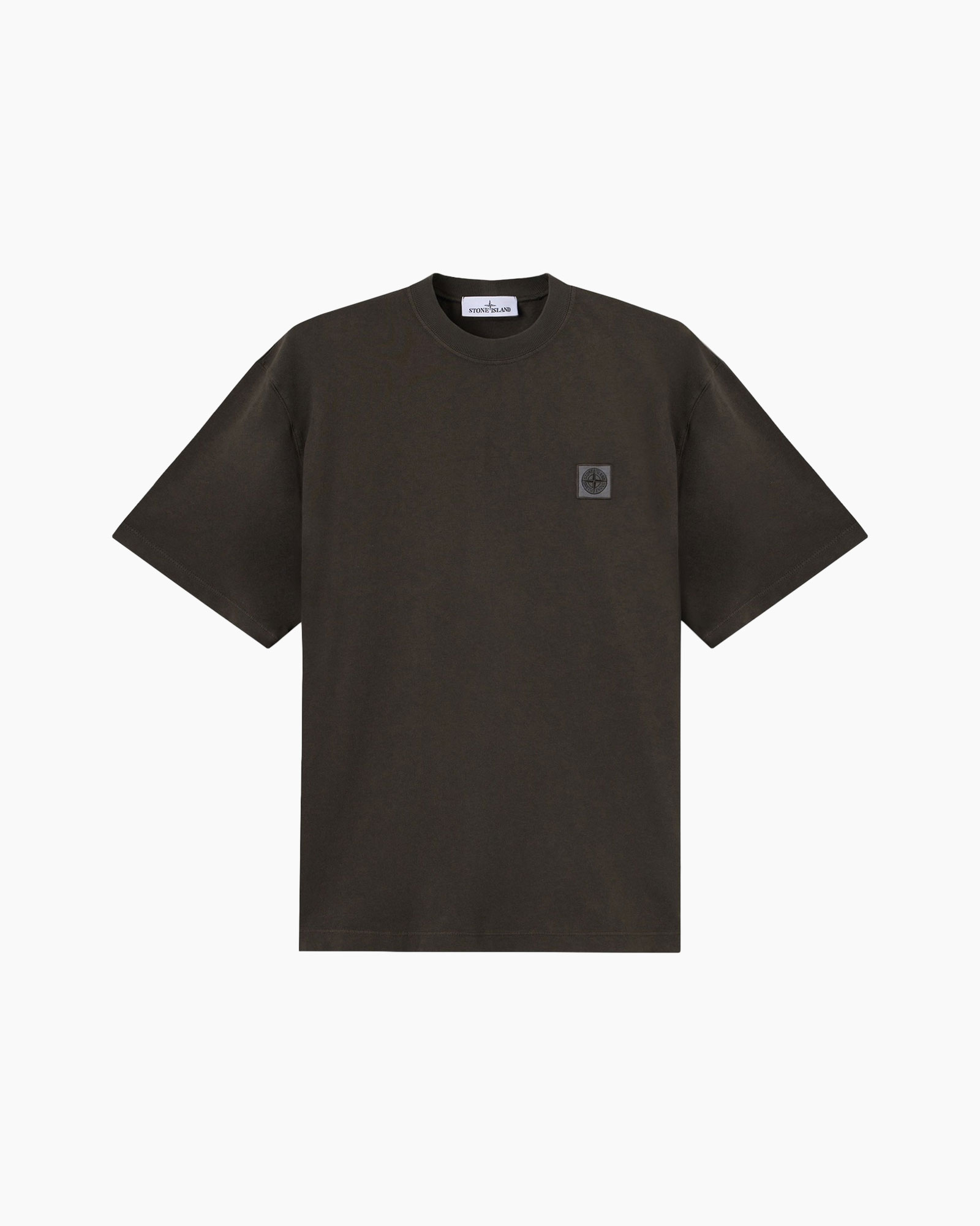 t-shirt, short sleeve, dark brown, plain, logo patch