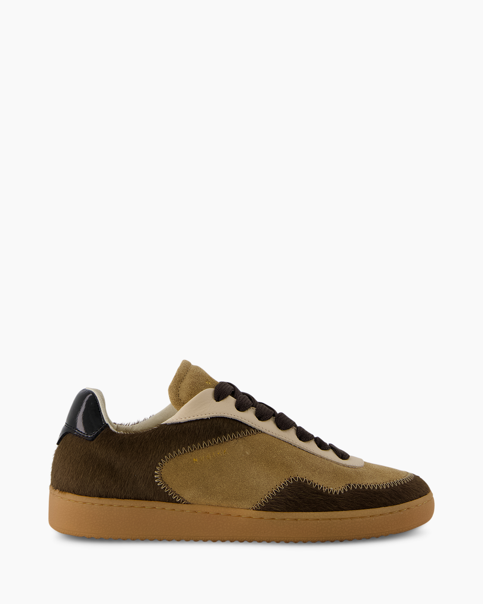sneaker, athletic shoe, brown, suede, stitching