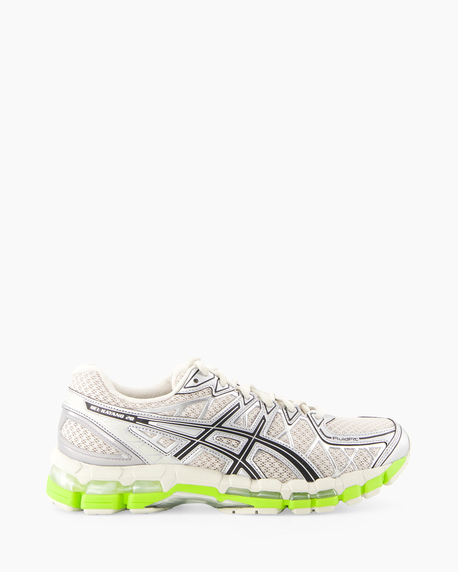 running shoe, athletic shoe, mesh upper, white, neon green sole