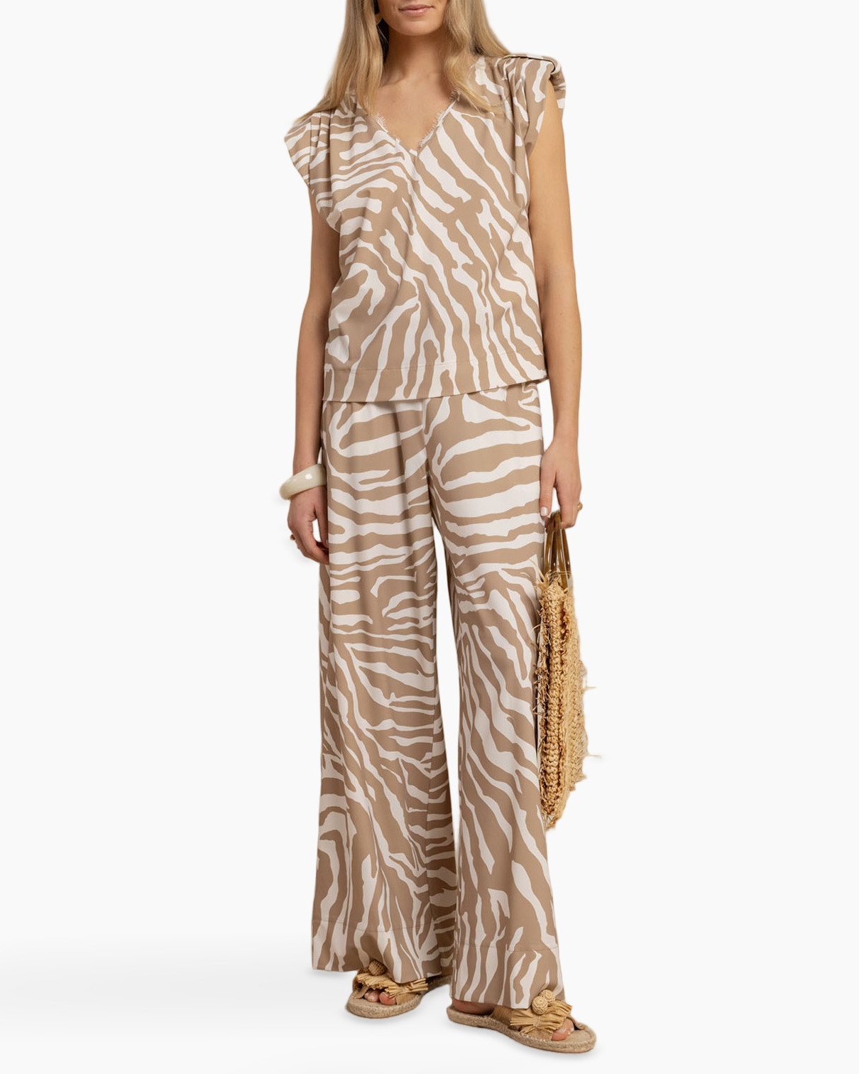 zebra print, two-piece set, beige, pants, sleeveless top
